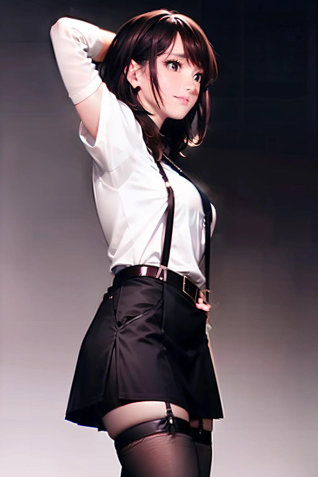 Black skirt, Cutter shirt suspenders, Brown hair Gray eyes, Garter belt on the legs, Tight clothes, a belt Armpit sweat deadpan large full breasts