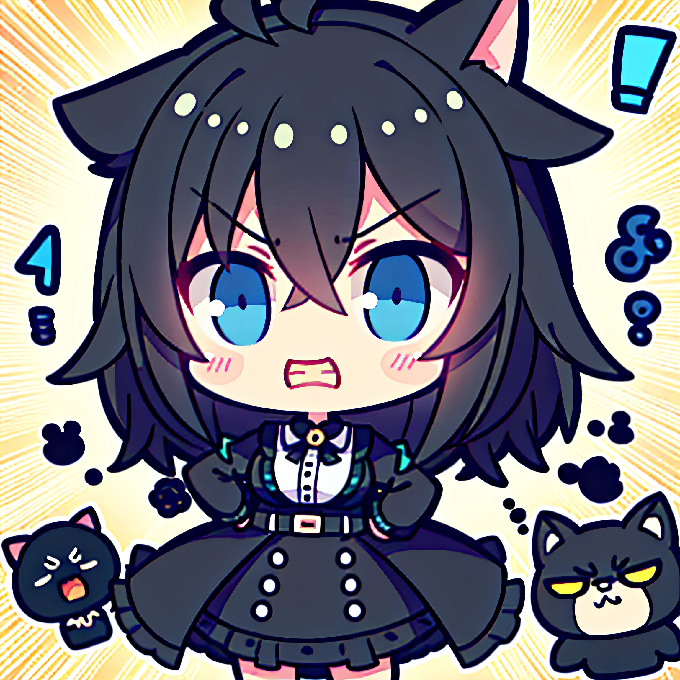 Girl vs、tchibi、((Best quality, High_Resolution, distinct_image)),(Black hair), (Black cat ears), (ahoge), (absurdly short hair), (Wavy hair), (Blue eyes),scowling.From the face.a very cute、mideum breasts、（（（The character's face is displeased，Brow furrowed，The eyes were full of anger，Lips closed or grinned，The background may be dark or contain elements that symbolize anger，Express strong feelings of dissatisfaction and anger。）））