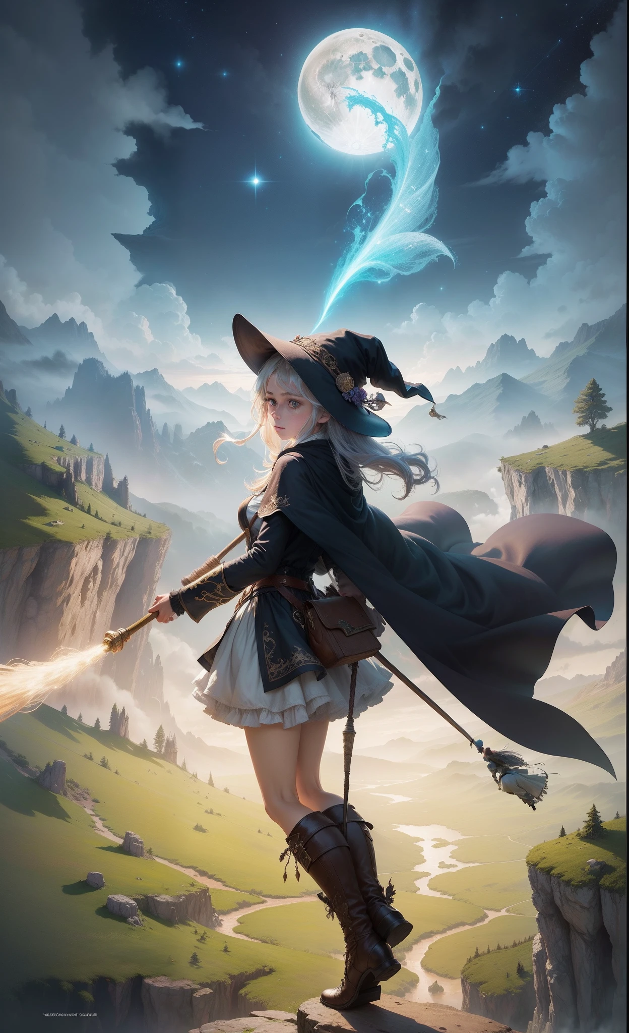 masterpiece, best quality, ultra-detailed, illustration, 1girl, solo, fantasy, flying, broom, night sky, outdoors, magic, spells, moon, stars, clouds, wind, hair, cape, hat, boots, broomstick, glowing, mysterious, enchanting, whimsical, playful, adventurous, freedom, wonder, imagination, determination, skill, speed, movement, energy, realism, naturalistic, figurative, representational, beauty, fantasy culture, mythology, fairy tales, folklore, legends, witches, wizards, magical creatures, fantasy worlds, composition, scale, foreground, middle ground, background, perspective, light, color, texture, detail, beauty, wonder.