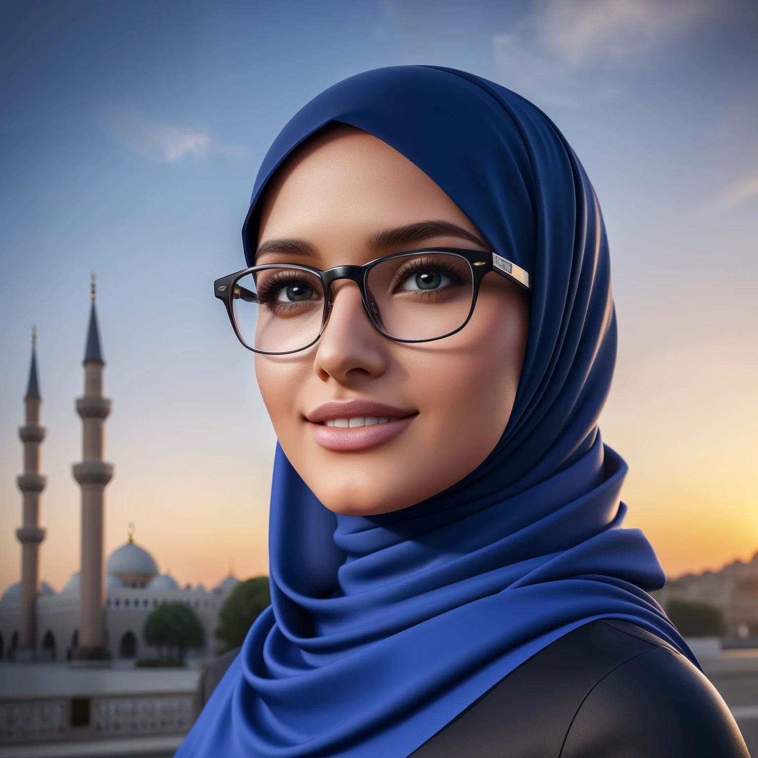 ultra realistic,16k, enhanced quality, perfect face, perfect hands, perfect body, ultra detailed,1girl, perfect hair, girl wearing glasses, perfect glasses, perfect smile, ultra realistic, ultra realistic background, ultra realistic sunset, ultra realistic clouds, Infront of a mosque, different poses, looking at view, ultra realistic glowing butterfly, girl wearing perfect hijab, ultra realistic particles, perfect duck lips, Islamic hijab, full body image, full image.