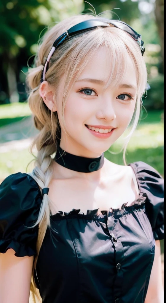 (ultra-detailliert), Frontal Face,head shot, Front view,Cute princess dresses in black color,(frilly dress),(shortsleeves),Blue eyes,The upper part of the body、cowboy  shot、faces、(A smile:1.5),(facing front:1.2), 20yr old, teens girl,no tail,(no tail),2D, ​masterpiece, top-quality, animesque, A detailed eye, A detailed face, girl with, Only 1 person,Silver-haired medium hair, (a blond),  Ear Hair, small tits, Single braid, (Single braid), (Side braid), Pink ribbon, Ribbon around the neck, (White sleeves), Green background