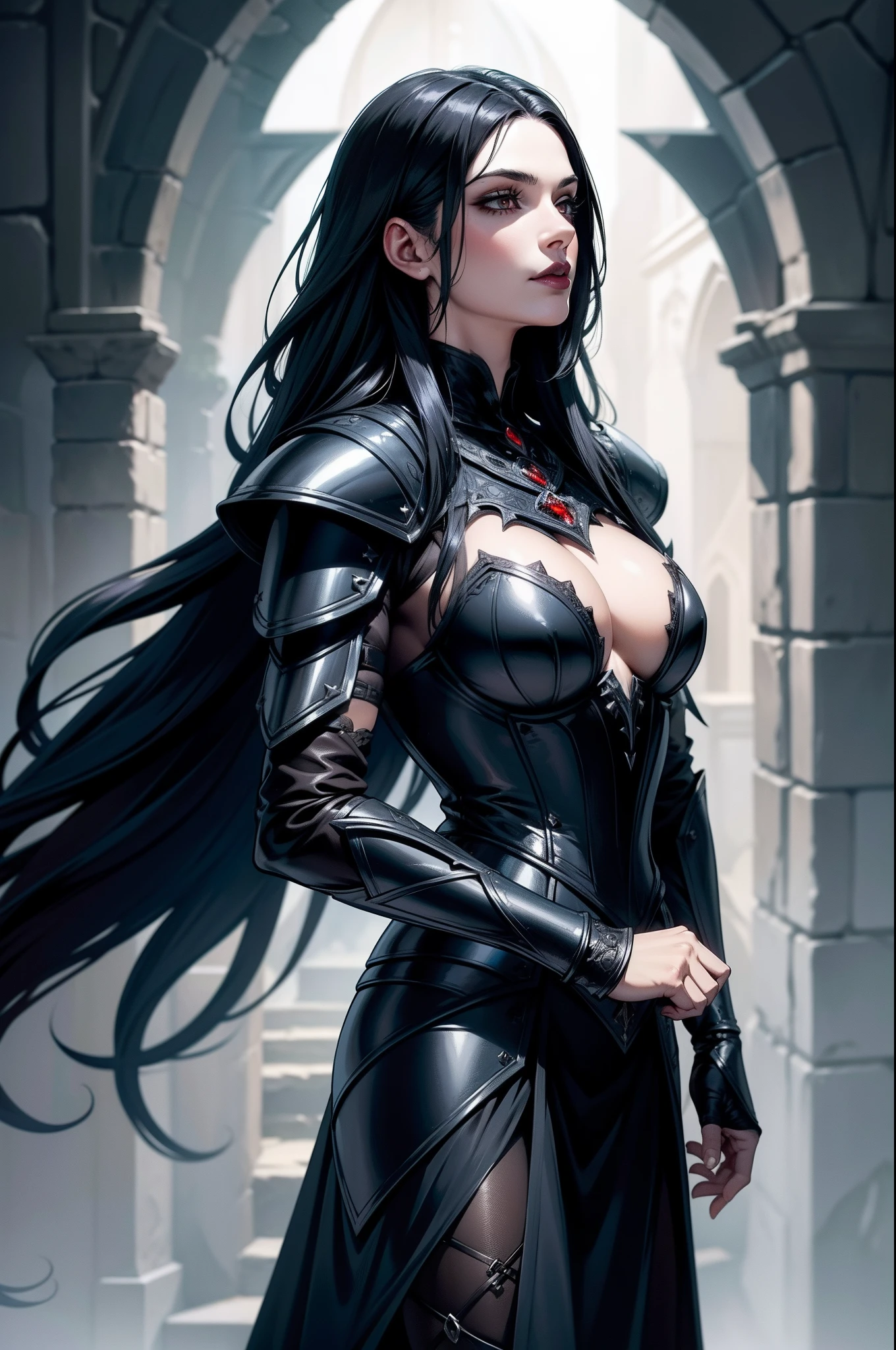An adult vampire wizard character wearing a very detailed and beautiful gothic armor. Seu cabelo com corte curto. cor do cabelo portanto. lip color: portanto, cor roxa dos olhos, manto, capuz, caminhando,
