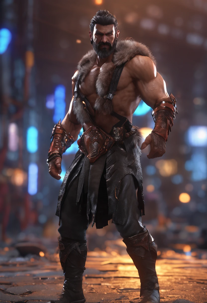 (professional 3d render:1.3) af (Realistic:1.3) most beautiful artwork photo in the world，Features soft and shiny male heroes, ((Epic Modern futreristic hero fantasy muscle man rough hero angry look long hair short beard and ferocious expression in dynamic pose, Fantastic location, Majestic cluttered environment)), full body 8k unity render, action  shot, skin pore, very dark lighting, heavy shading, Detailed, Detailed face, (vibrant, photograph realistic, Realistic, Dramatic, Dark, Sharp focus, 8K), (Old leather garments damaged by weathering:1.4), ((((Wear fur)))), (Intricate:1.4), decadent, (Highly detailed:1.4), Digital painting, rendering by octane, art  stations, concept-art, smooth, Sharp focus, illustration, Art germ, (loish:0.23), wlop ilya kuvshinov, and greg rutkowski and alphonse mucha gracias, (Global illumination, Studio light, volumettic light), heavy rain, particles floating, lotr, fantasy, elf, full bodyesbian, ((Dark and ancient city background:1.3)),CGSesociety,art  stations