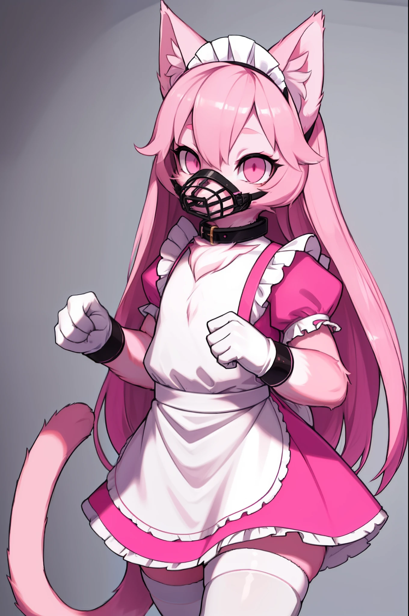 Master piece, perfect, highly detailed, (little hibryd anthro cat femboy), fluffy pink fur, ((pink eyes)), ((1))fluffy cat tail, pink long hair, tiny chest, (pink cat ears), wearing a pink collar, pink maid dress, silk white gloves, silk white thighhigh socks, wearing a pink muzzle, truemuzzle, eyesgod, niji, eyesgod, niji,