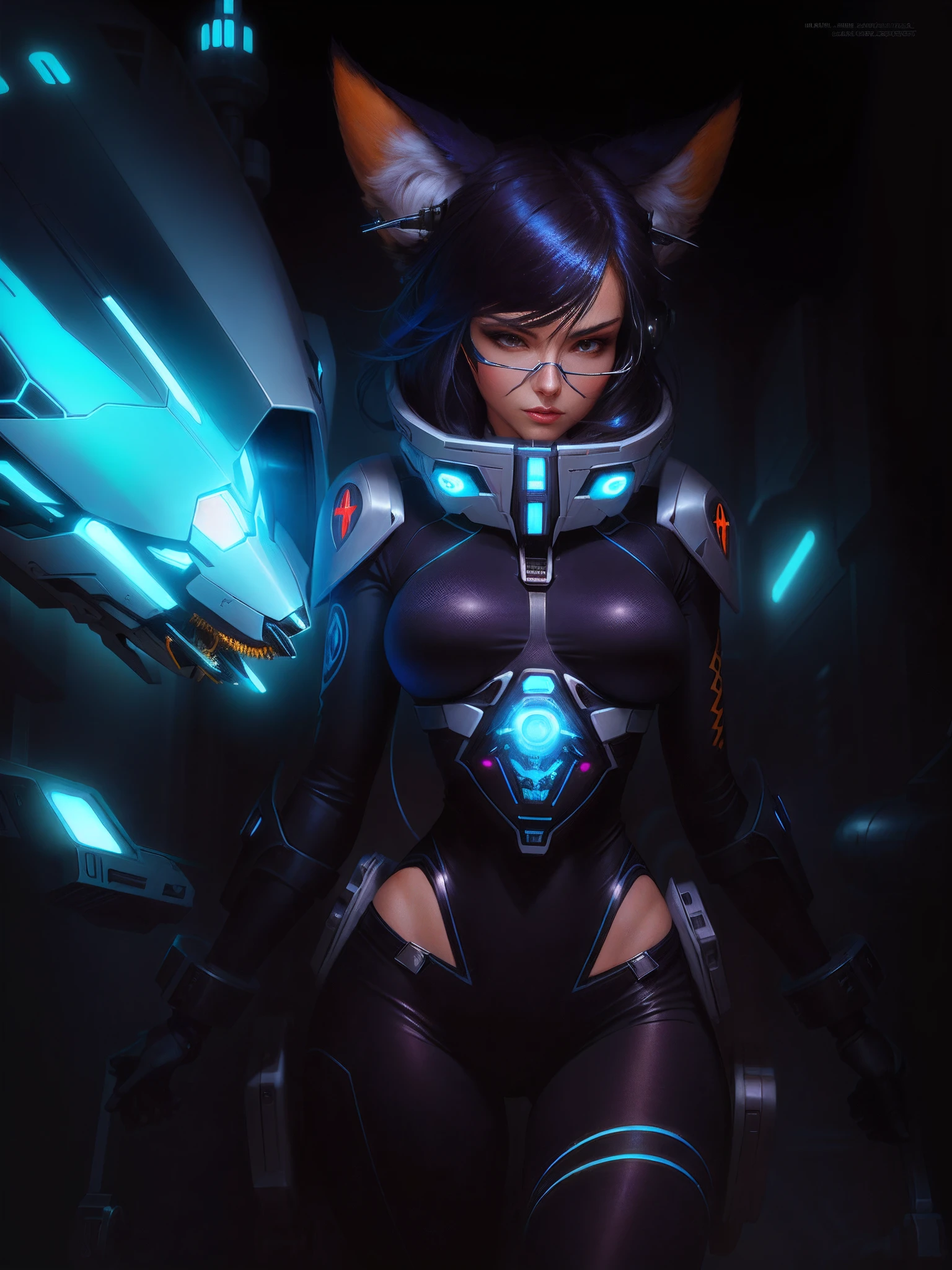 Nahaufnahme einer Frau in einem futuristischen Anzug mit Katzenkopf, Artgerm Julie Bell Beeple, Ein anthropomorpher Cyberpunk-Fuchs, pelzige Fantasy-Kunst, Alena Aenami und Artgerm, Extrem detaillierter Artgerm, Krenz Cushart und Artgerm, Krystal von Star Fox, Artgerm AG