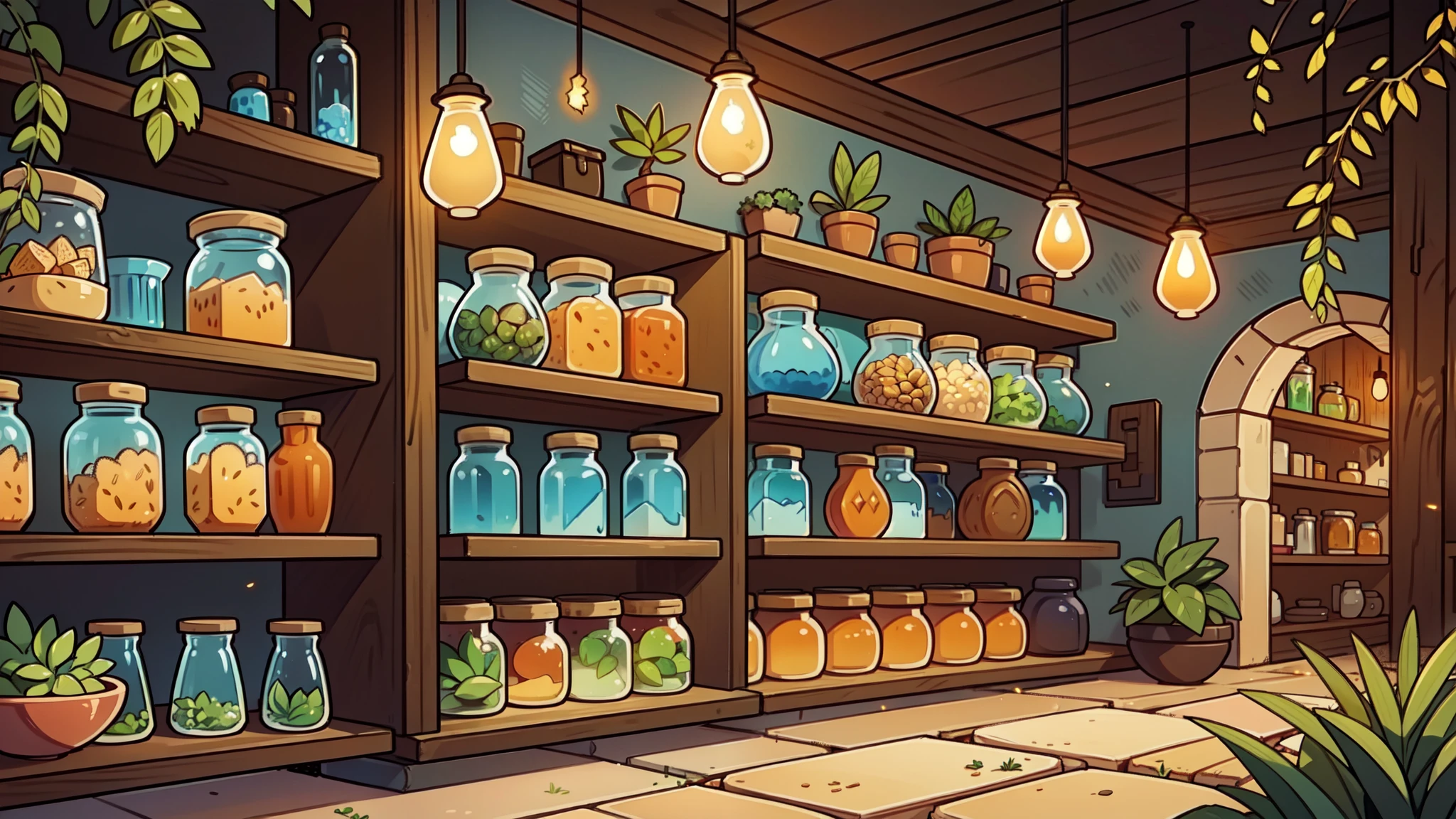 a wall of shelves with potions, plants, fireflies, bowls of colored grain, mason jars, 2d perspective