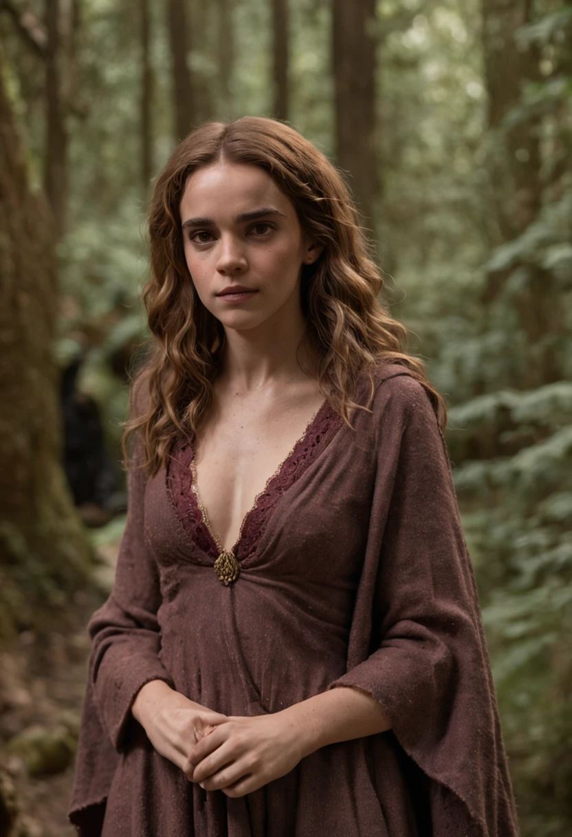 Hermione Granger como uma mulher das cavernas vestida com biquini de pele de animal e segurando uma clava, caverna rochosa ao fundo