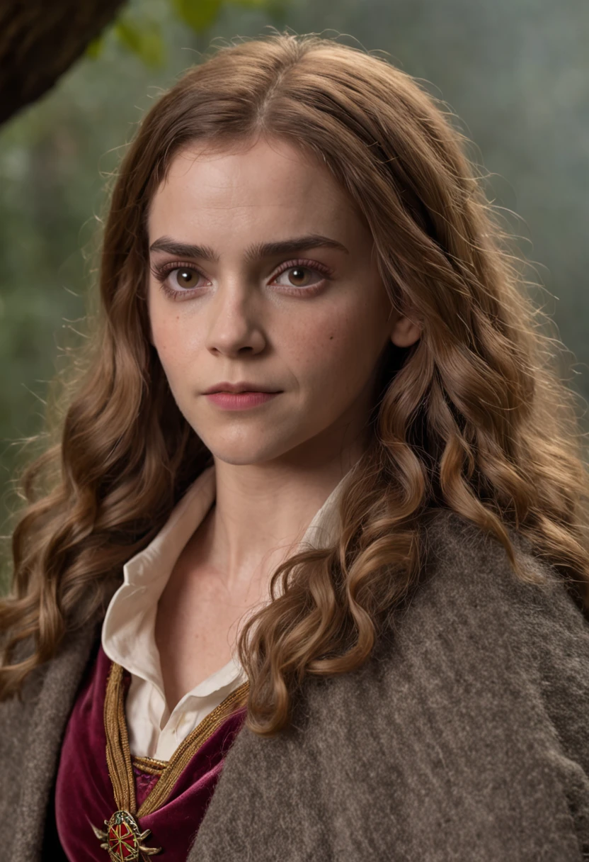 Hermione Granger como uma mulher das cavernas vestida com biquini de pele de animal e segurando uma clava, caverna rochosa ao fundo