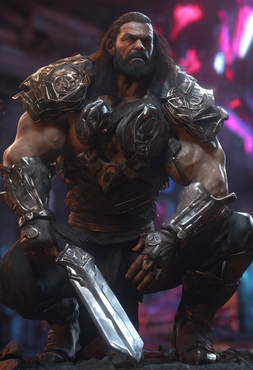 professional 3d render:1.3) af (Realistic:1.3) most beautiful artwork photo in the world,Features soft and shiny male heroes, ((Epic black hero fantasy muscle man rough angry look long hair short beard and ferocious expression in dynamic pose, Fantastic location, Majestic cluttered environment)), full body 8k unity render, action shot, skin pore, very dark lighting, heavyshading, Detailed, Detailed face, (vibrant, photograph realistic, Realistic, Dramatic, Dark, Sharp focus, 8K), (Old leather garments damaged by weathering:1.4), ((((Wear fur)))), (Intricate:1.4), decadent, (Highly detailed:1.4), Digital painting, rendering by octane, art stations, concept-art, smooth, Sharp focus, illustration, Art germ, (loish:0.23), wlop ilya kuvshinov, and greg rutkowski and alphonse mucha gracias, (Global illumination, Studio light, volumettic light), heavy rain, particles floating, lotr, fantasy, elf, full bodyesbian, ((Dark and ancient city background:1.3)),CGSesociety,art stations