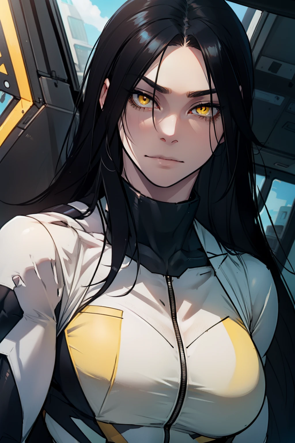 1 girl, black hair, yellow eyes, very long hair, pale skin, ((((extremely muscular)))), large breasts, (confident expression), pilot suit, close up
