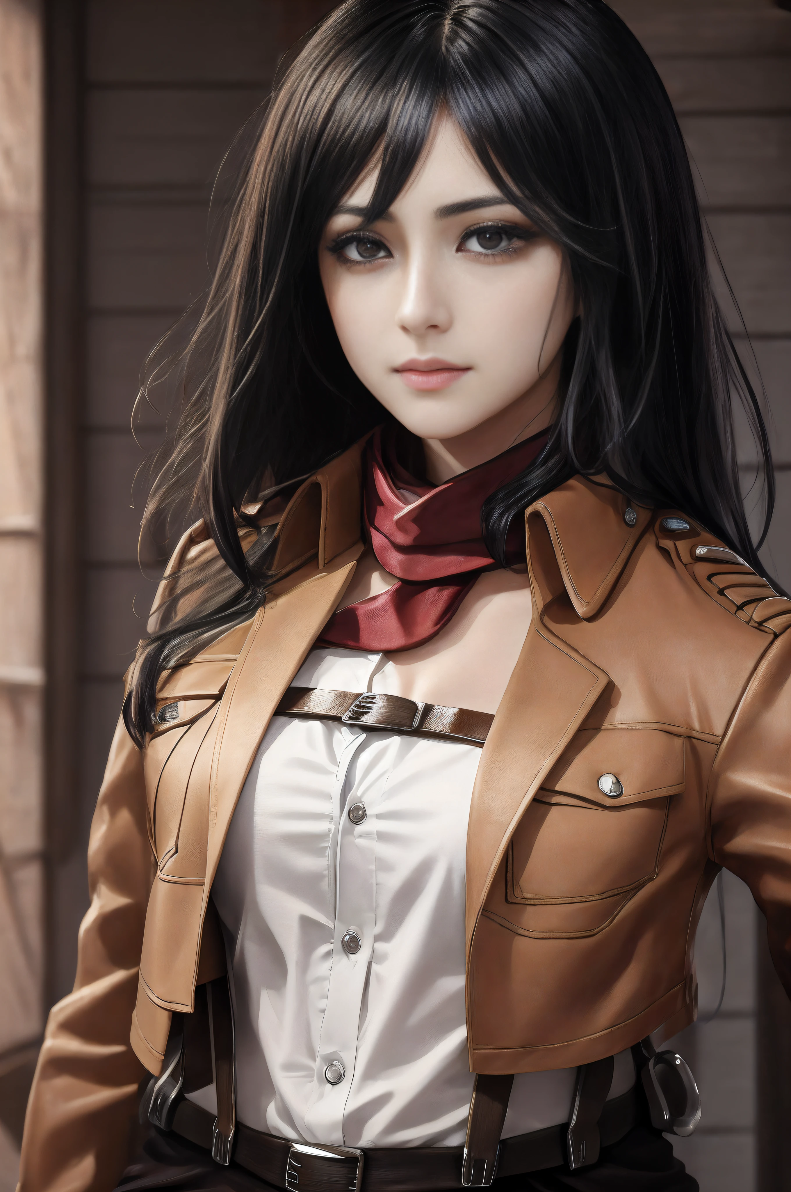 mikasa ackerman, highres, masterpiece, best quality, detailed, perfect lighting, beautiful highly detailed face, masterpiece detailed, cinematic lighting, adult, highly detailed skin, perfect skin, intricate details, female, looking at viewer, shingeki no kyojin, 1girl, bangs, belt, belt buckle, black eyes, black hair, brown belt, brown jacket, buckle, dress shirt, hair between eyes, jacket, long sleeves, medium hair, open clothes, open jacket, paradis military uniform, red scarf, scarf, shirt, cleavage