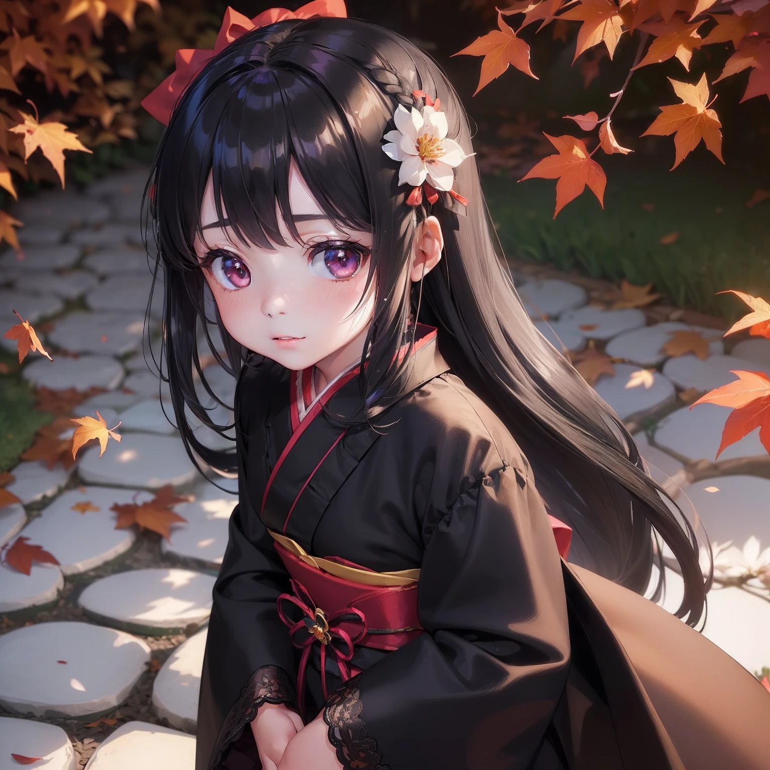 (Little Girl:1.5),Garden of autumn leaves, Lace,bow ribbon,Vivid kimono,(masutepiece, side lights, Beautiful dark eyes，Every detail is meticulous: 1.2), masutepiece, Realistic, Glowing black eyes,Shiny hair,Black hair,Long whit hair, Glossy glossy skin, Solo, embarrassed from,Flowers,flying petal,