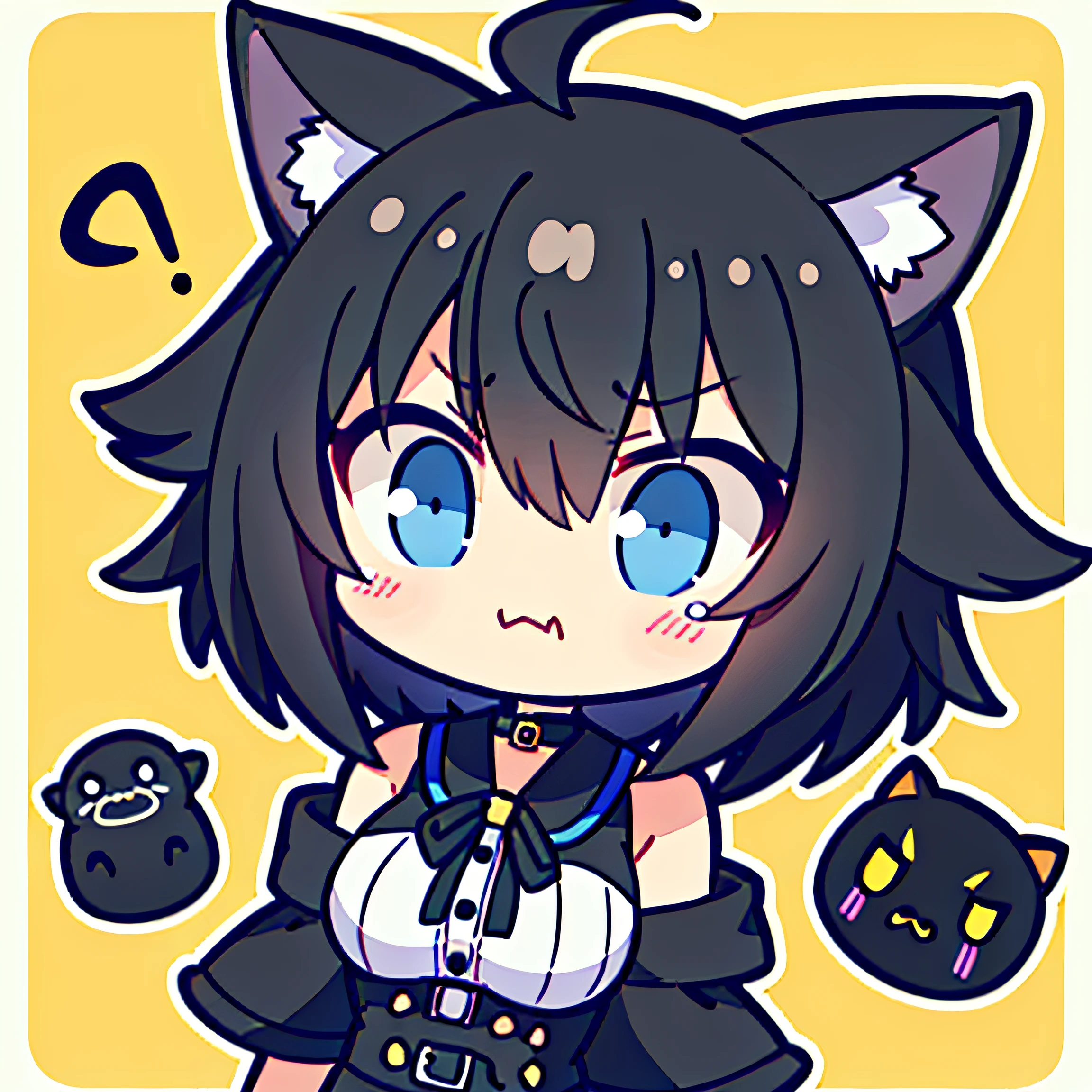 girl with、Chibi、((Best Quality, high_resolution, Distinct_image)),(Black hair), (Black cat ears), (Ahoge), (absurdly short hair), (Wavy Hair), (Blue eyes),、A smile、Mouth closed。mideum breasts、piece sign