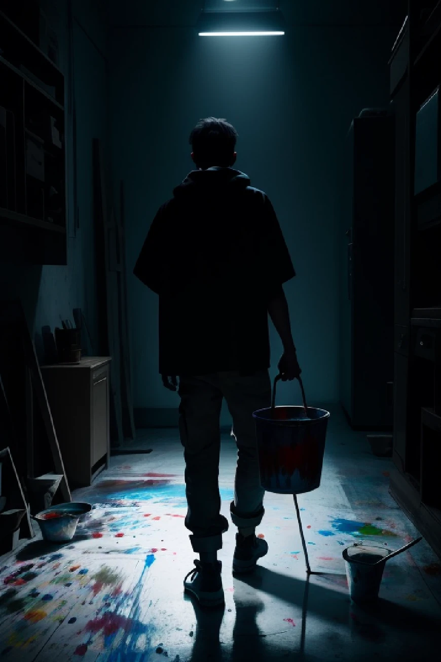 A person with their back turned, holding a paint bucket, and paint on the floor, another world in a dark environment, with a shadow with white eyes observing the person who appears to be in a dream