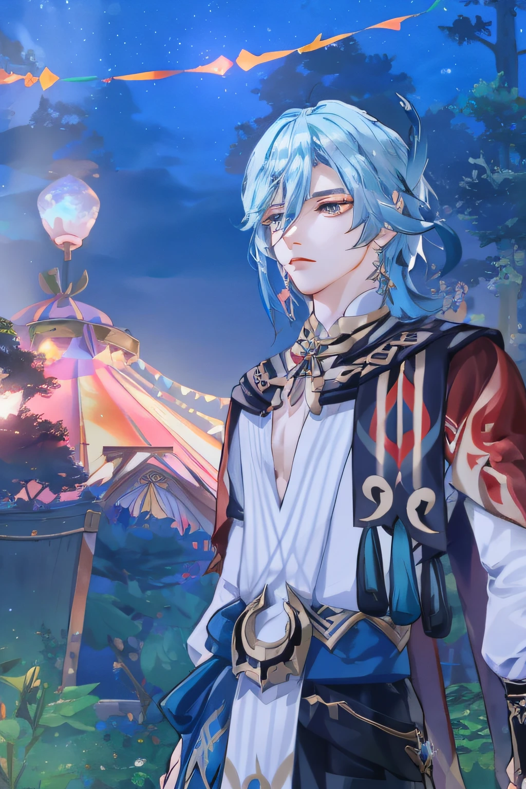 Anime - Stylistic image of a man in a white shirt, Black pants, Embroidered clothes, 《the original goavi ·, Genshin impact's character, Genshin, Genshin Impact style, video game genshin impact, Delicate androgynous prince, ((Blue hair)), ((Blue eyes)), feathers hair ornament, ((At the carnival in the evening, Lights and garlands, circus))