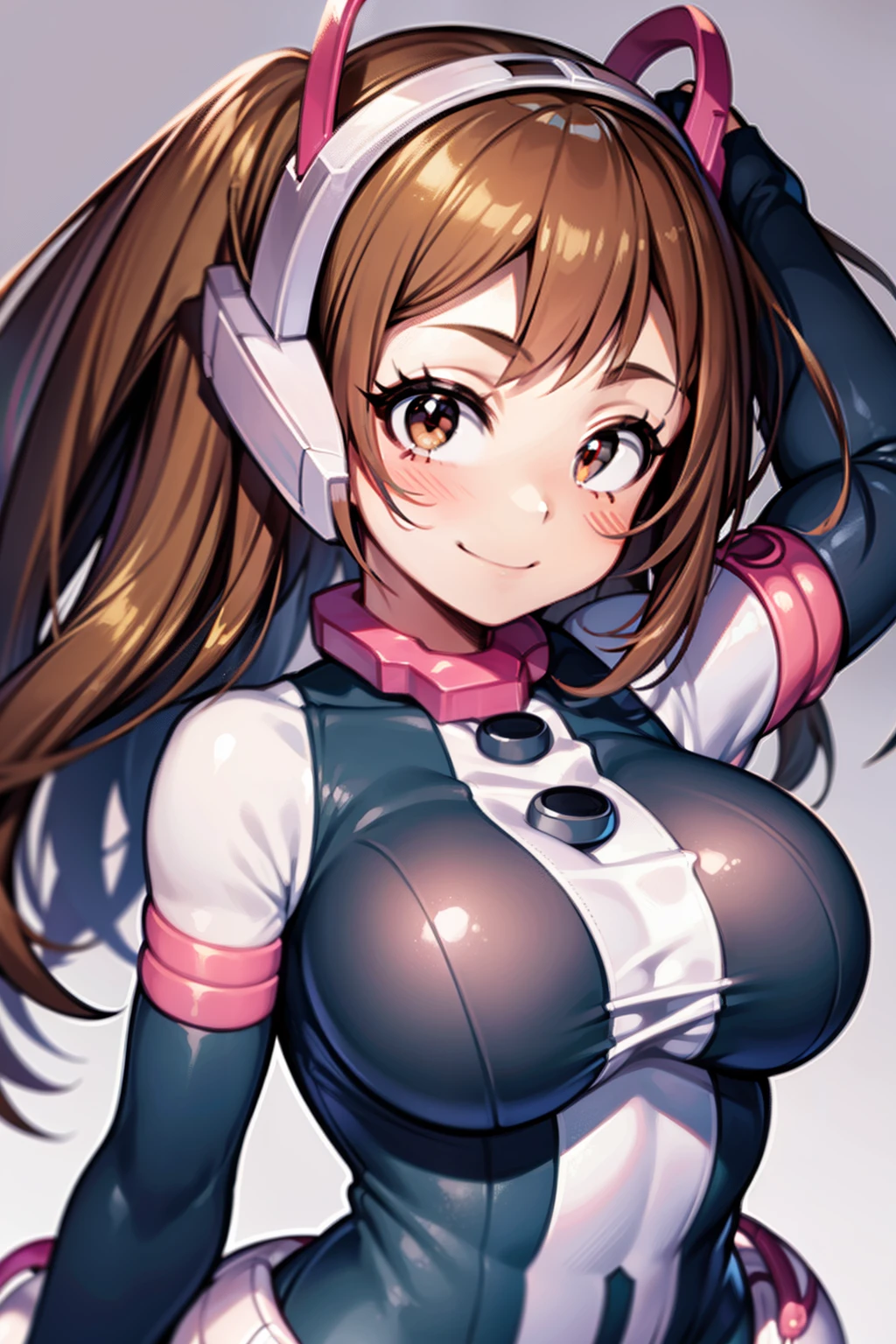 Ochako, 1girl, breasts, bodysuit, solo, smile, huge breasts, looking at viewer, blush, superhero, white background, alternate breast size, simple background, multicolored bodysuit