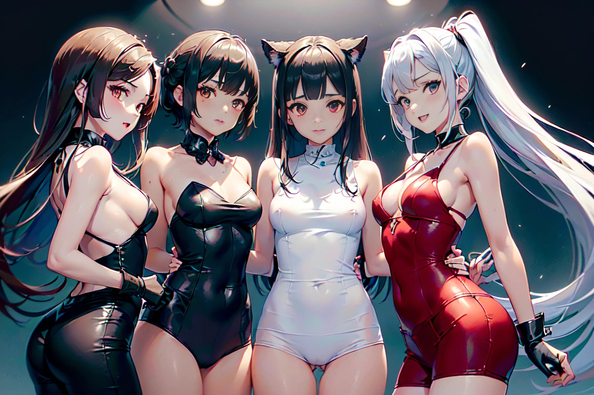 Vista delantera de cuerpo completo, (((Solo 3 chicas),
Physical appearance Cerberus: Elenco de Helltaker, A short demon girl with pale skin, iris rojos, una cola de punta de flecha negra, y cabello blanco plateado. Representado como 3 chicas en lugar de 1, Tienen orejas caninas blancas que emergen de debajo de su pelo en la parte superior de sus cabezas.. They also have small fang-shaped canine teeth present in their mouths.. Wear tighter clothing, con camisas rojas abotonadas de manga larga debajo de chalecos de traje a rayas negras y pantalones de traje ajustado negros. They wear black cuffs over their red shirts just below the shoulder, as well as black gloves and black ties tucked under their vests.. Sus colas parecen emerger de debajo de sus chalecos y sobre sus pantalones. Rear solar lighting))