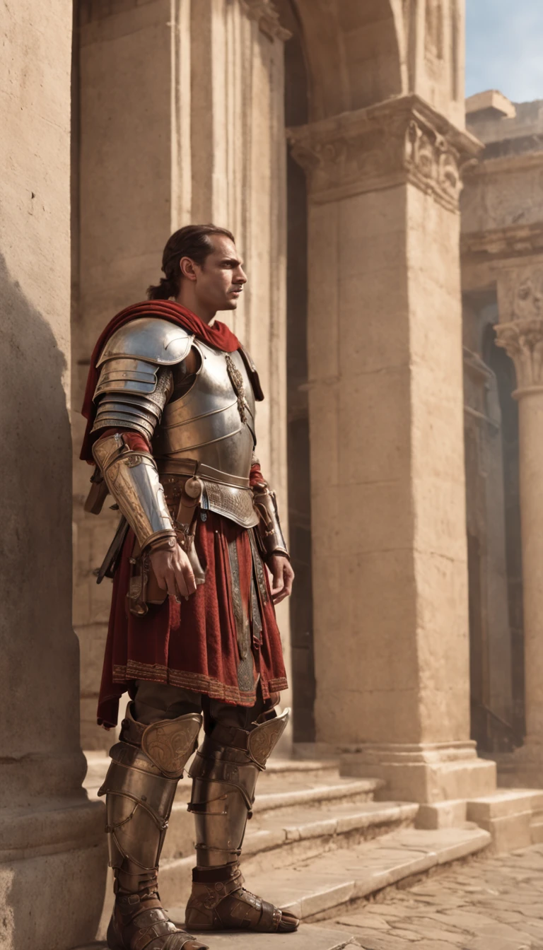A man in Roman armor in front of a building, Graphic artist Magali Villeneuve, Estilo de arte de Marc Simonetti, Marc _ Simonetti, Magali Villeneuve», inspirado em Roman Bezpalkiv, Estilo de Marc Simonetti, Wojtek FUS, Marcos Simonetti. intrincado, Directed by: Roman Bezpalkiv