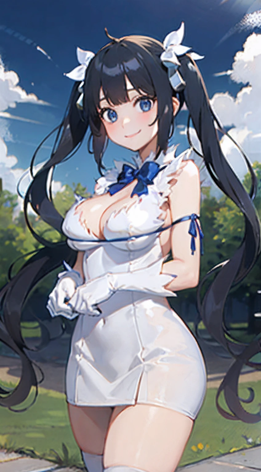hestia, 1girl in, Solo, long_hair, up looking_で_viewer, Blue_Eyes, Black_hair, hair_ornament detached, Bow, bow ribbon, cleavage, Twin-tailed, Closed_Mouth, hair_bow ribbon, Blue_bow ribbon, cowboy shot、A smile、lawn、White skirt