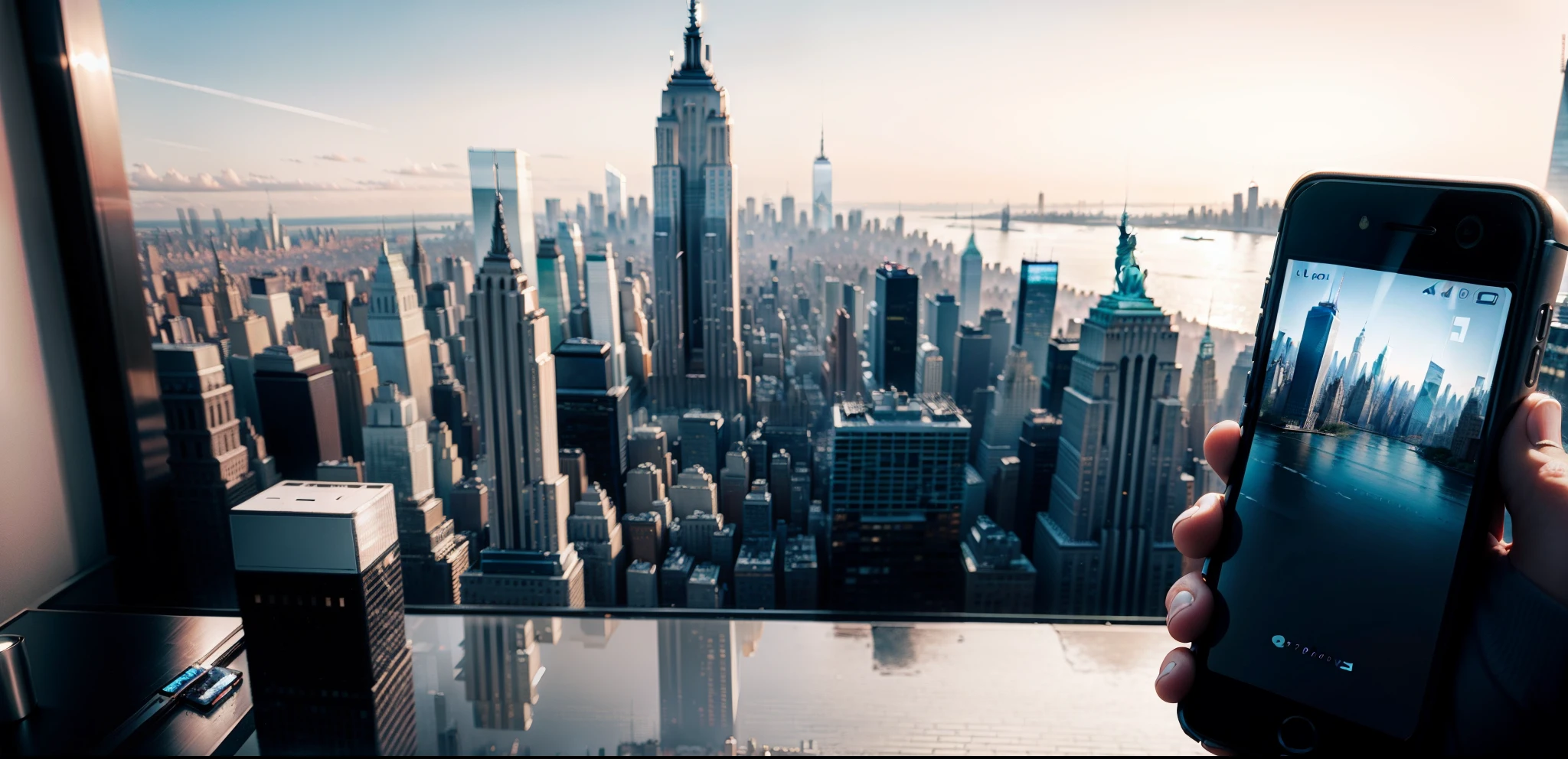 two smartphones and new york buildings on background