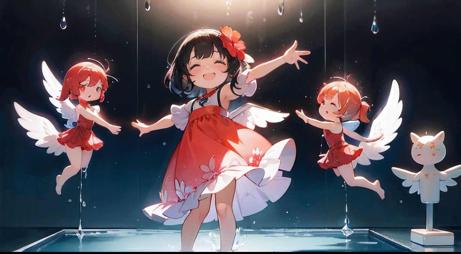 photoRealstic、Top Text Says "Code Angel"、Doll standing in front of the painting、swim wears、laugh face、Water droplets on the cheeks、Selfie Pose、spreading arms widely、、Sengai、pixiv、rokoko、dollfie dream、watercolor Nendoroid、(High Definition Figure)、Flowing Red Silk、nendroid、bustup、Hibiscus petals、season!!: 夏☀ 🍂 ハイビスカス