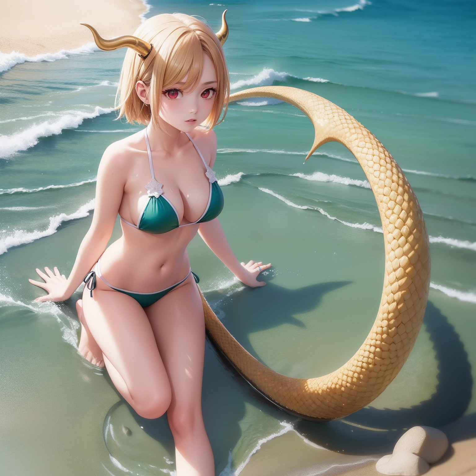 ​masterpiece, top-quality, 1girl in,Yoshiki Yachiki, Blonde Shorthair、Dragon's horn, Dragon's tail、red eyes、Sea and sandy beach background、Green swimsuit、the whole body is wet、full body seen