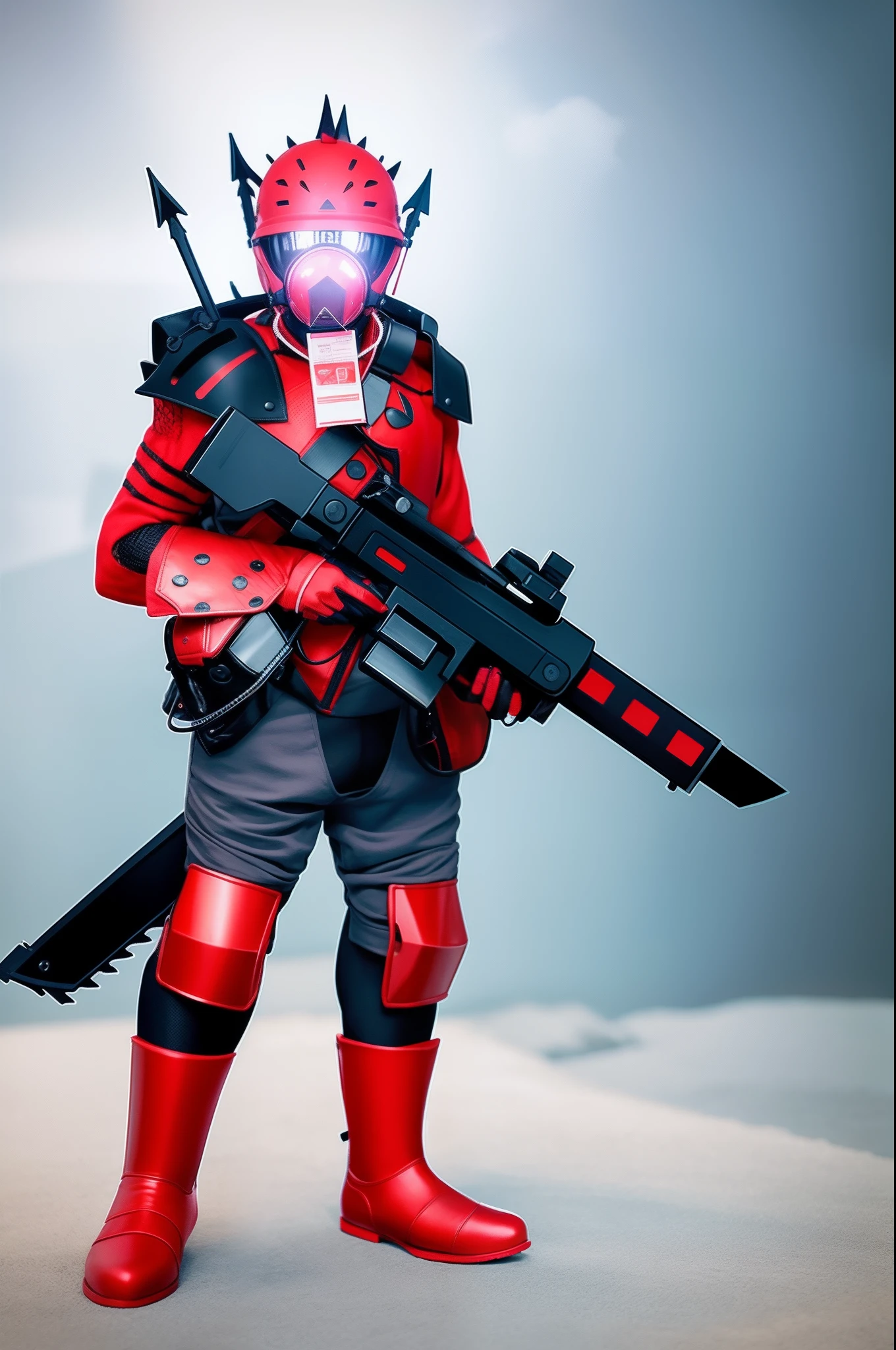 homem usando roupas vermelhas, arma preta, ombreiras com espinhos, ,as real as possible, Ultra realista, altos detalhes