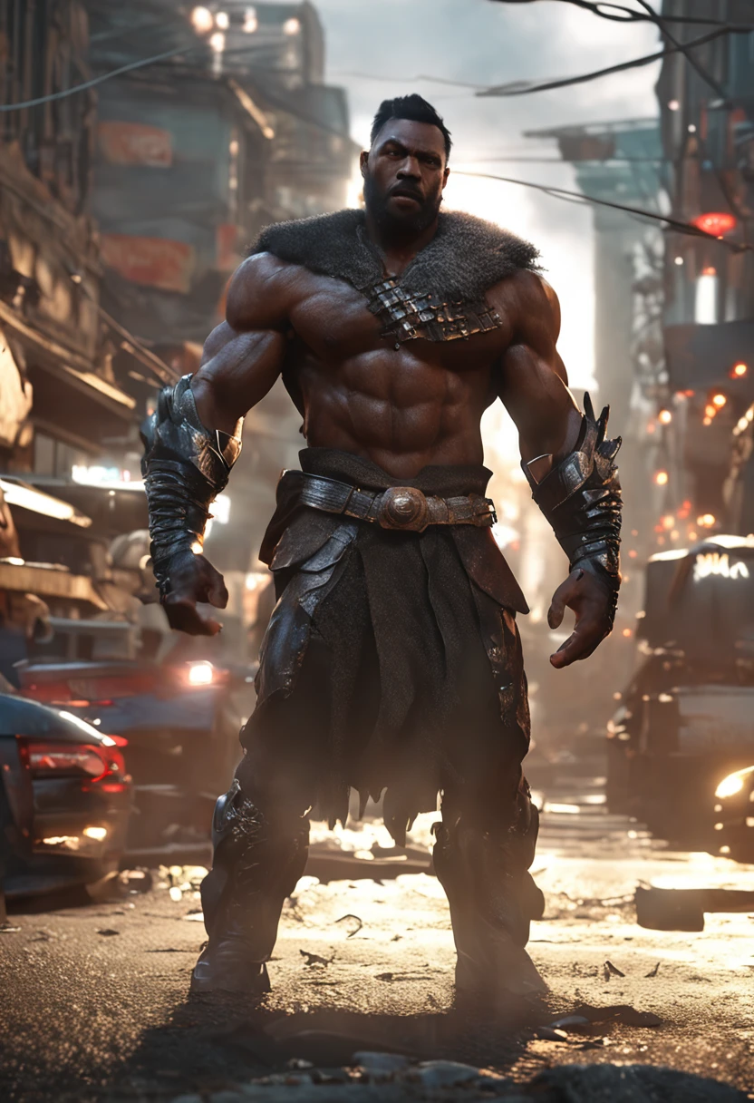 professional 3d render:1.3) af (Realistic:1.3) most beautiful artwork photo in the world,Features soft and shiny male heroes, ((Epic black, african American super hero fantasy muscle man rough angry look long hair short beard and ferocious expression in dynamic pose, Fantastic location, Majestic cluttered environment)), full body 8k unity render, action shot, skin pore, very dark lighting, heavyshading, Detailed, Detailed face, (vibrant, photograph realistic, Realistic, Dramatic, Dark, Sharp focus, 8K), (Old leather garments damaged by weathering:1.4), ((((Wear fur)))), (Intricate:1.4), decadent, (Highly detailed:1.4), Digital painting, rendering by octane, art stations, concept-art, smooth, Sharp focus, illustration, Art germ, (loish:0.23), wlop ilya kuvshinov, and greg rutkowski and alphonse mucha gracias, (Global illumination, Studio light, volumettic light), heavy rain, particles floating, lotr, fantasy, elf, full bodyesbian, ((Dark and ancient city background:1.3)),CGSesociety,art stations
