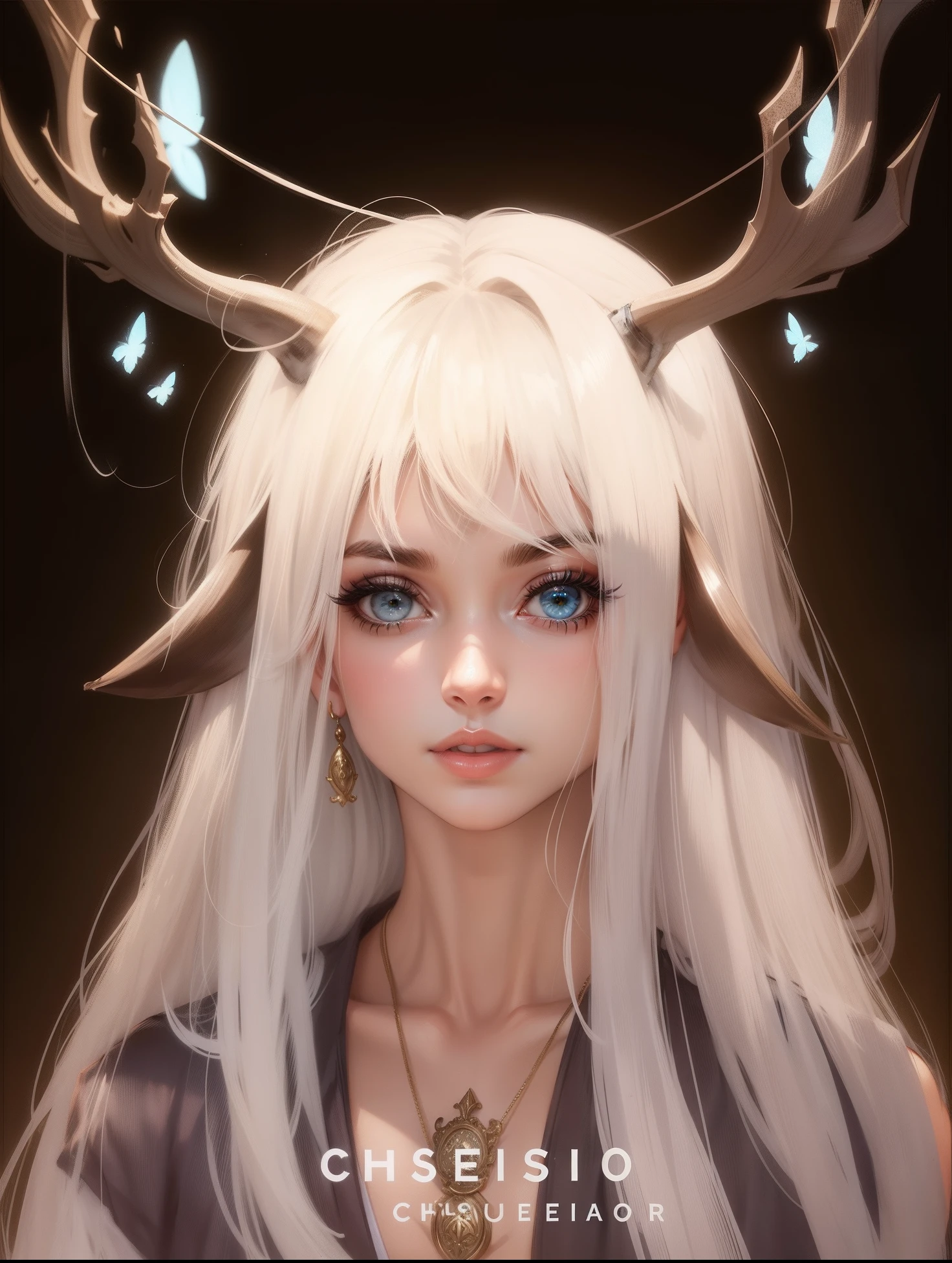 Mulher realista, cabelo branco, olhos claros, chifres e orelhas de cervo