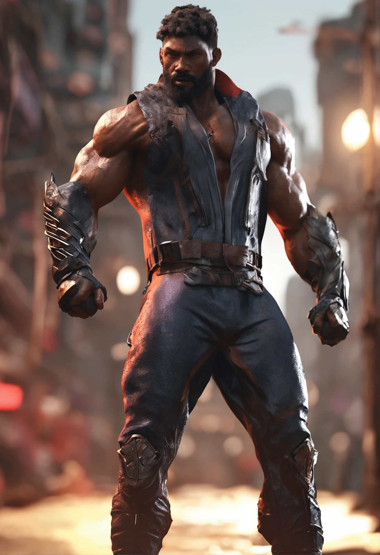 professional 3d render:1.3) af (Realistic:1.3) most beautiful artwork photo in the world，Features soft and shiny male heroes, ((Epic black, african American super hero fantasy muscle man rough angry look long hair short beard and ferocious expression in dynamic pose, Fantastic location, Majestic cluttered environment)), full body 8k unity render, action shot, skin pore, very dark lighting, heavyshading, Detailed, Detailed face, (vibrant, photograph realistic, Realistic, Dramatic, Dark, Sharp focus, 8K), (Old leather garments damaged by weathering:1.4), ((((Wear fur)))), (Intricate:1.4), decadent, (Highly detailed:1.4), Digital painting, rendering by octane, art stations, concept-art, smooth, Sharp focus, illustration, Art germ, (loish:0.23), wlop ilya kuvshinov, and greg rutkowski and alphonse mucha gracias, (Global illumination, Studio light, volumettic light), heavy rain, particles floating, lotr, fantasy, elf, full bodyesbian, ((Dark and ancient city background:1.3)),CGSesociety,art stations