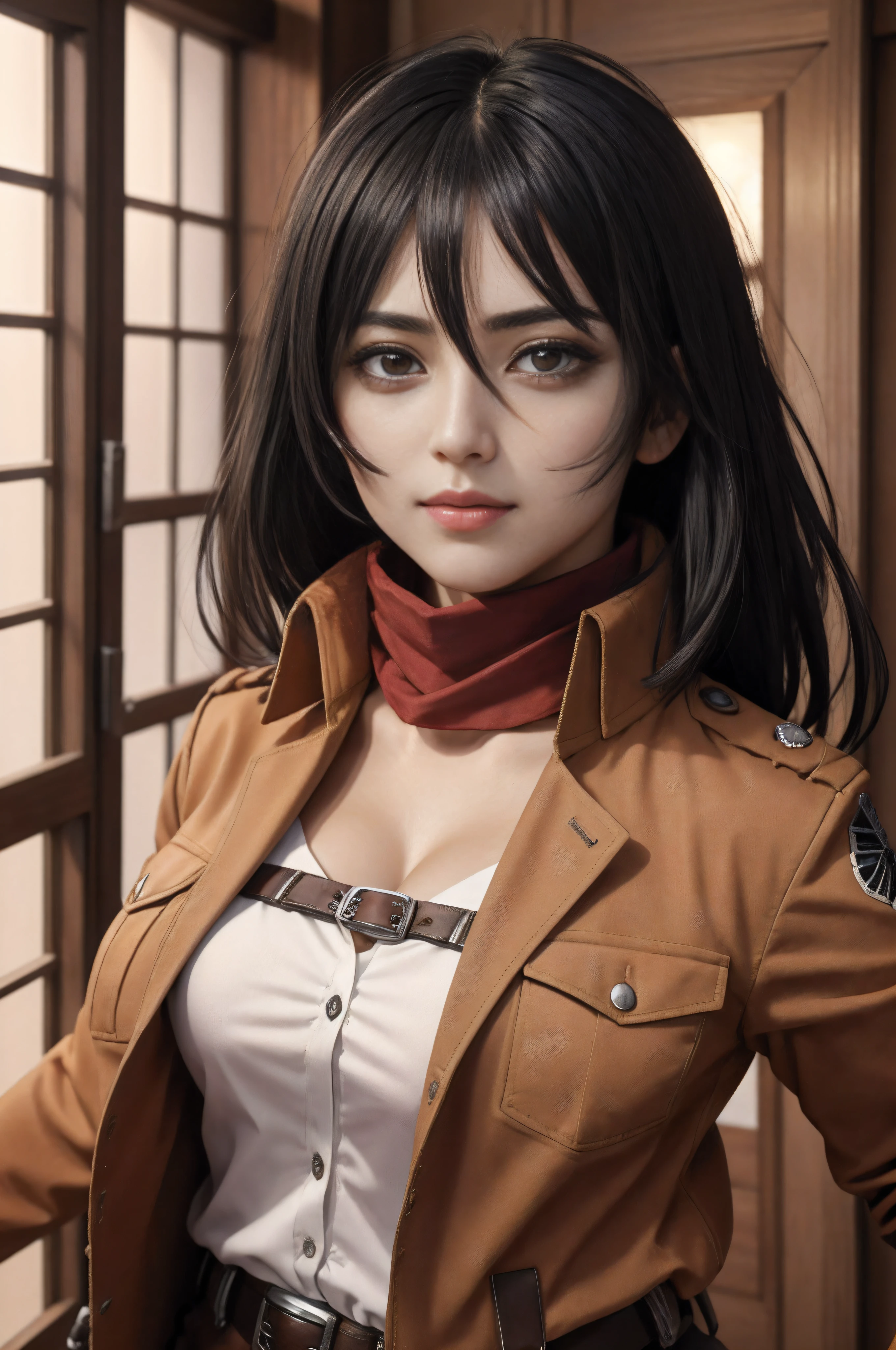 mikasa ackerman, highres, masterpiece, best quality, detailed, perfect lighting, beautiful highly detailed face, masterpiece detailed, cinematic lighting, adult, highly detailed skin, perfect skin, intricate details, female, looking at viewer, shingeki no kyojin, 1girl, bangs, belt, belt buckle, black eyes, black hair, brown belt, brown jacket, buckle, dress shirt, hair between eyes, jacket, long sleeves, medium hair, open clothes, open jacket, paradis military uniform, red scarf, scarf, shirt, cleavage