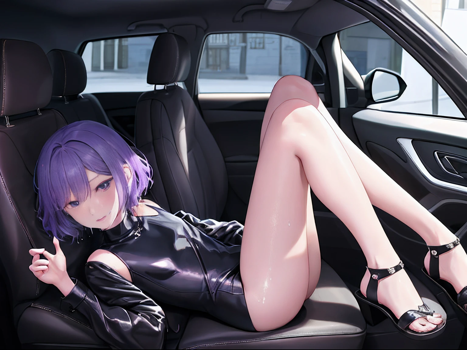 Ridiculous resolution, Ultra-detailed, Best Quality, Illustration, 8K, 超A high resolution, 细致背景、Delicate drawing、17-year-old beautiful girl、Deep ash hair、Blue Inner Color、Pixie Short、Forehead、eye glass、Short、Tiny、Pin Heel Midnight、 slender, cum in ,straight haired、Short hair, Slender eyes , (((Sweat)))、Leather Turtleneck Dress、Pin Heel Sandals、beauty legs、Oil, Wear a fancy jacket、((Drunk)), Pose inviting a man、
Holding a beer bottle、natta、inside of a car、Sleeping in the back seat of a car、Purple light-up