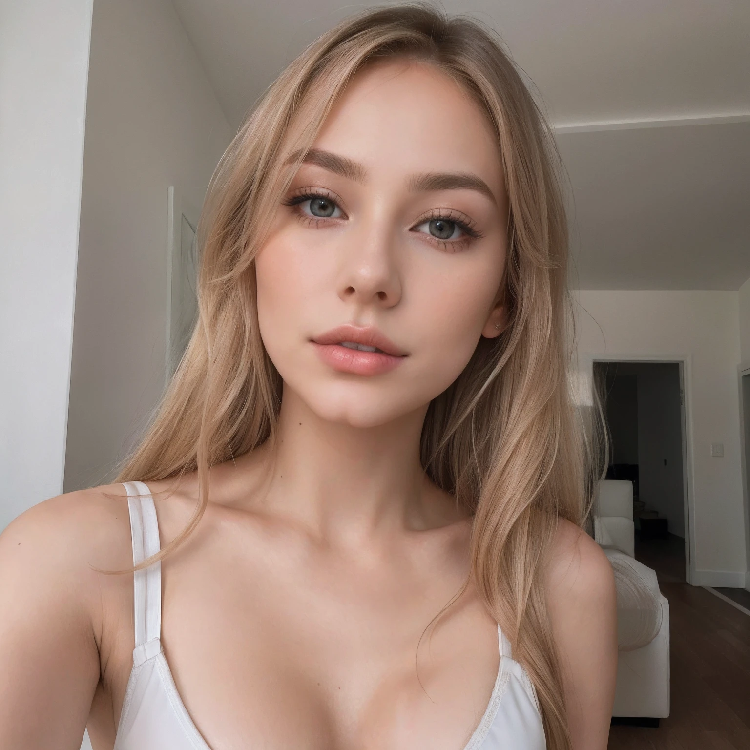 femme blonde aux cheveux longs et haut de soutien-gorge blanc prenant un selfie, Visage sexy with full makeup, maquillage subtil, Portrait de Sophie Mudd, Visage sexy, Visage impeccable, pale skin, douce et naturelle, visage parfait ), beau visage et peau impeccable, portrait doux 8 k, regard sexy devant la caméra, pretty delicate face, Beau visage délicat, pale skin, douce et impeccable, maquillage doux, photo de passeport, photographie en studio, sexy, realistic 4k, 8k