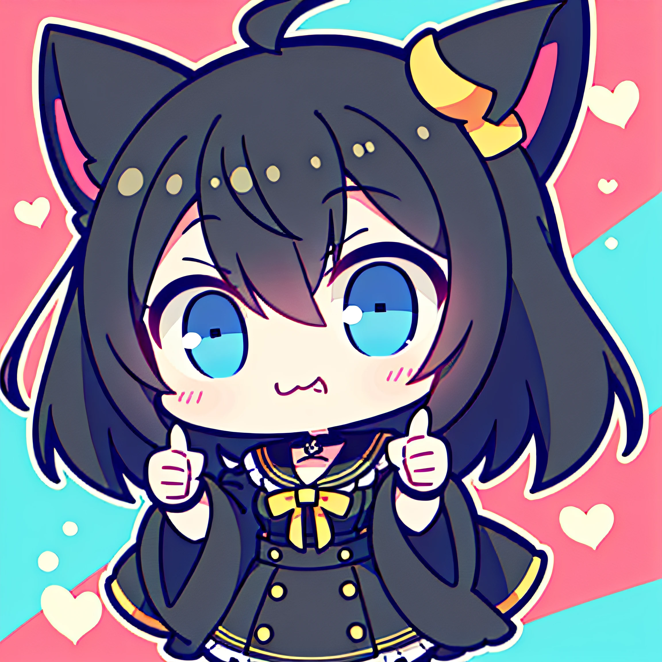 Girl vs、tchibi、((Best quality, High_Resolution, distinct_image)),(Black hair), (Black cat ears), (ahoge), (absurdly short hair), (Wavy hair), (Blue eyes),scowling.From the face.a very cute、mideum breasts、(((The character has a smile on his face,Bright eyes,((Raise your hand and give a thumbs up)),Communication motivation、Emotions of appreciation,The background may be rich in bright colors and affirmative elements。)))