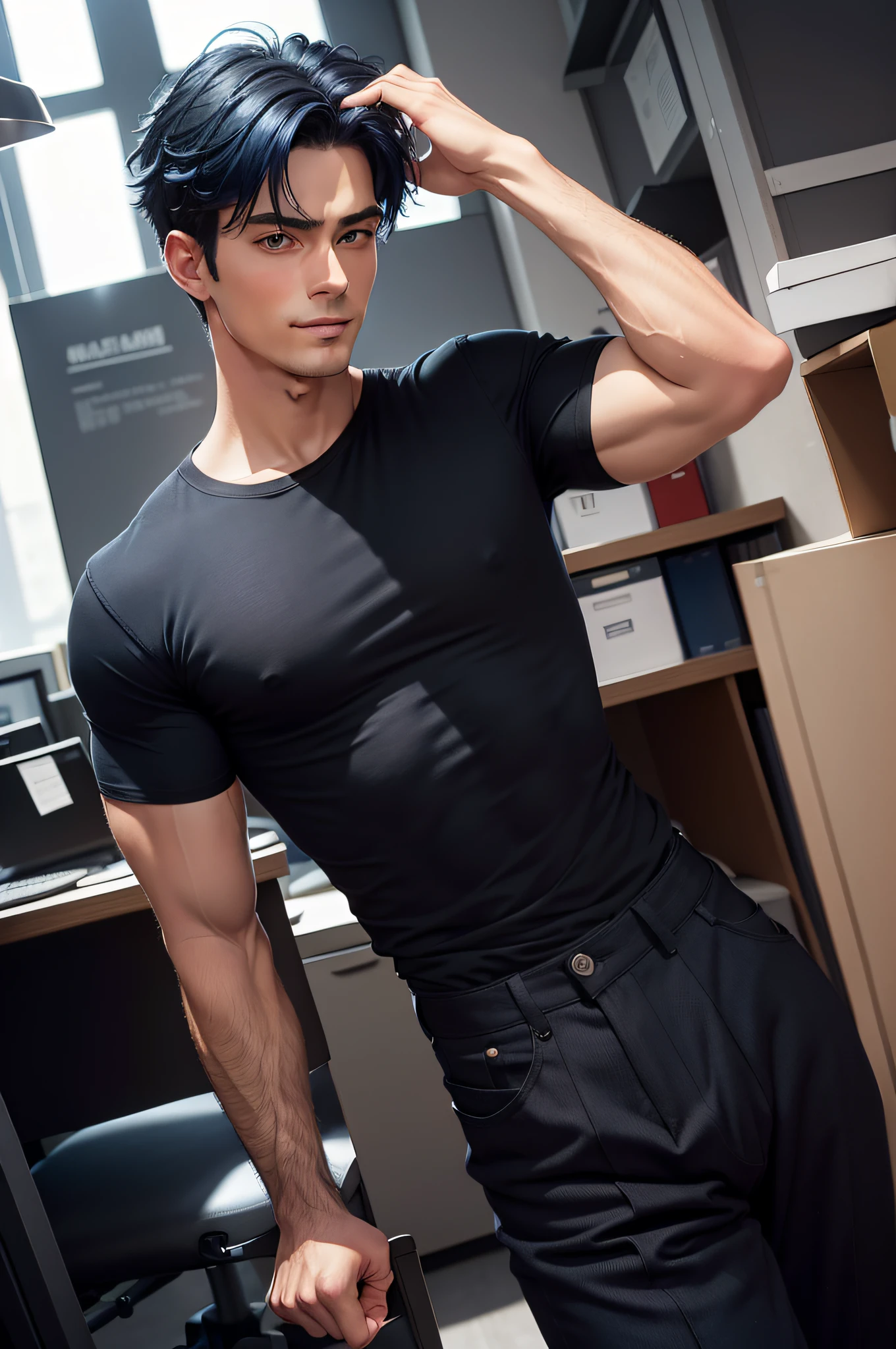 1boy, [Detailed background (Office, Large office, workplace)], Indigo blue hair, dark indigo hair, short blue hair, comma hair, Lean, muscular men, ((Man is wearing a black shirt, black trousers)), Correct limbs, Correct anatomy, Handsome, Eye details, Beautiful eyes, Delicate eyes, Indigo blue eyes, wide breasts, broad shoulders, tiny waist, Long legs, smirking