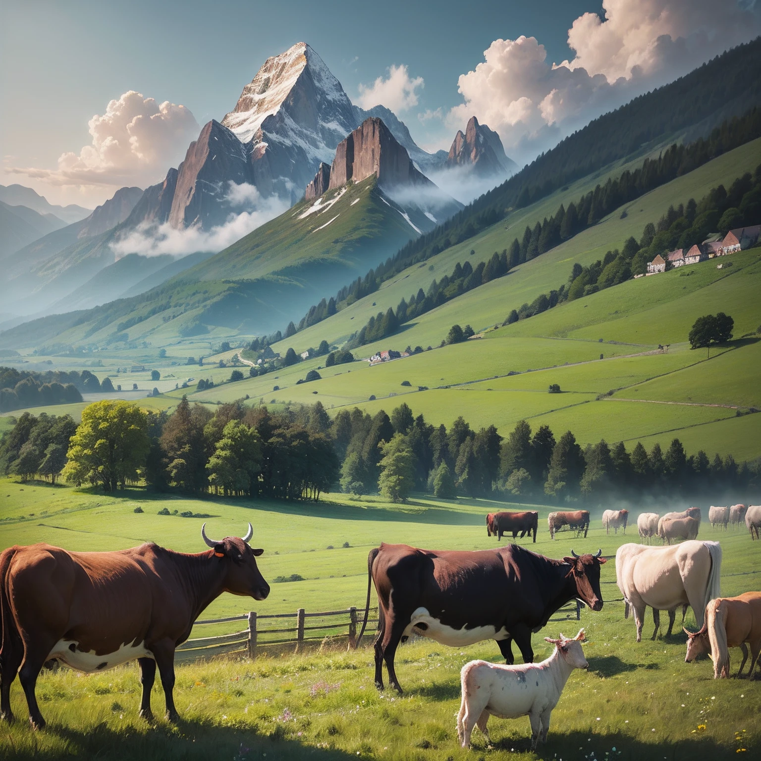 Little yellow cattle grazing in fields with mountains as background, countryside, idyllic setting, beautiful surroundings, grazing, cows, beautiful high resolution, southern european landscape, pasture, cattle, in scenic background, pastoral, in the countryside, franz-higig, cattle, green pastures stretching for miles, by Gerstner, beautiful landscape, rural landscape