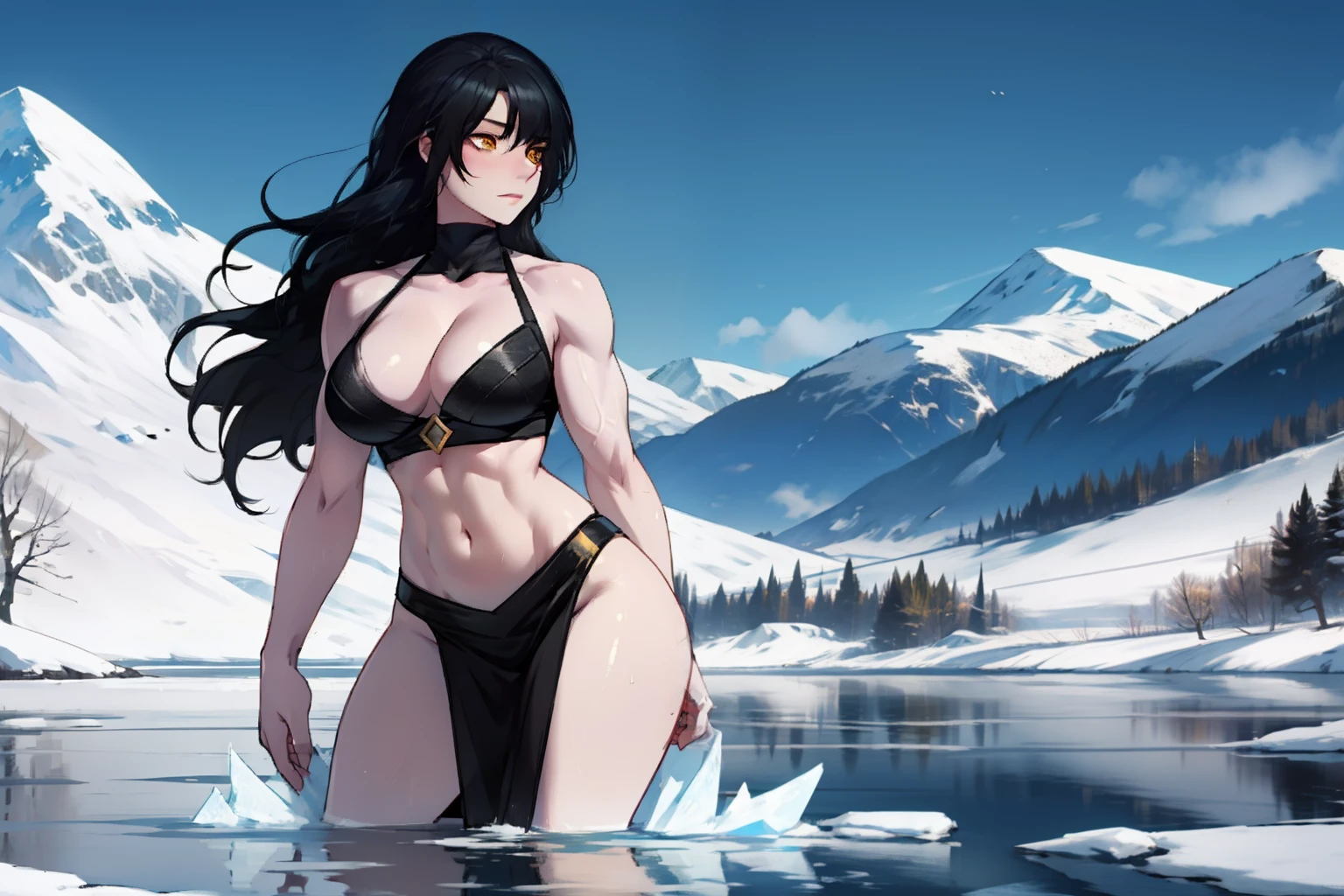 1 girl, black hair, yellow eyes, very long hair, pale skin, curvy, (extremely muscular), perky breasts, frozen lake