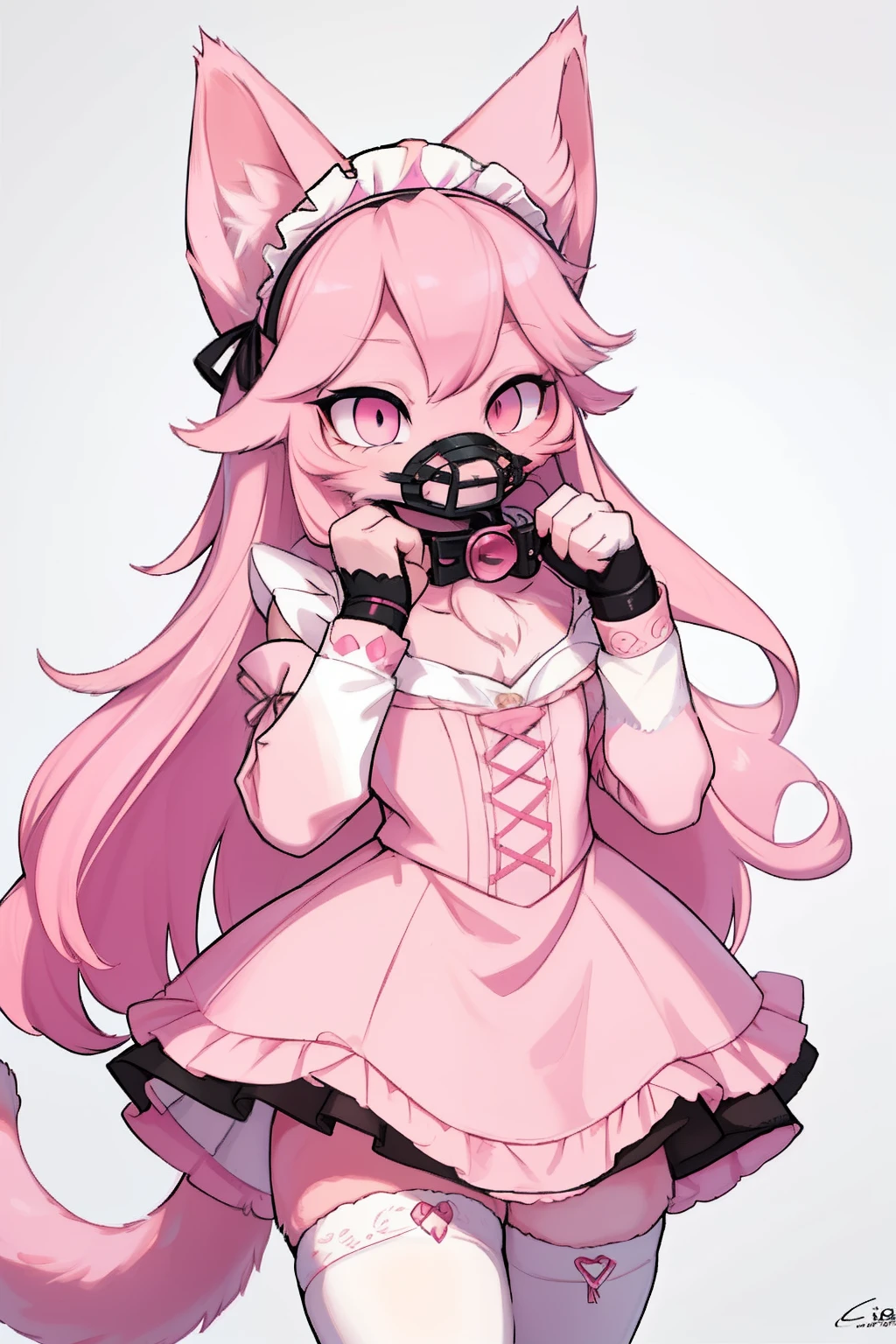 Master piece, perfect, highly detailed, (little hibryd anthro cat femboy), fluffy pink fur, ((pink eyes)), ((1))fluffy cat tail, pink long hair, tiny chest, (pink cat ears), wearing a pink collar, pink maid dress, silk white gloves, silk white thighhigh socks, wearing a pink muzzle, truemuzzle, eyesgod, niji, eyesgod, niji,