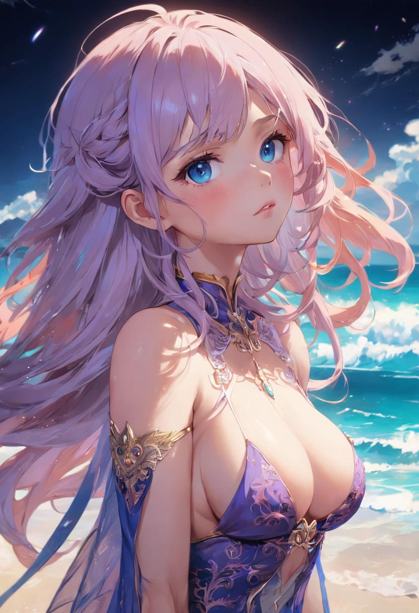 Detailed face, beachside, Beautiful girl, fantasy, complimentary colours, insanely detailed and intricate, hypermaximalist, opulent, Ultra photo realsisim, Super detailed, Guweiz style, magic, Lori huge breasts cleavage, beachside, Ultra HD, Vivid, See-through dresses, full bodyesbian