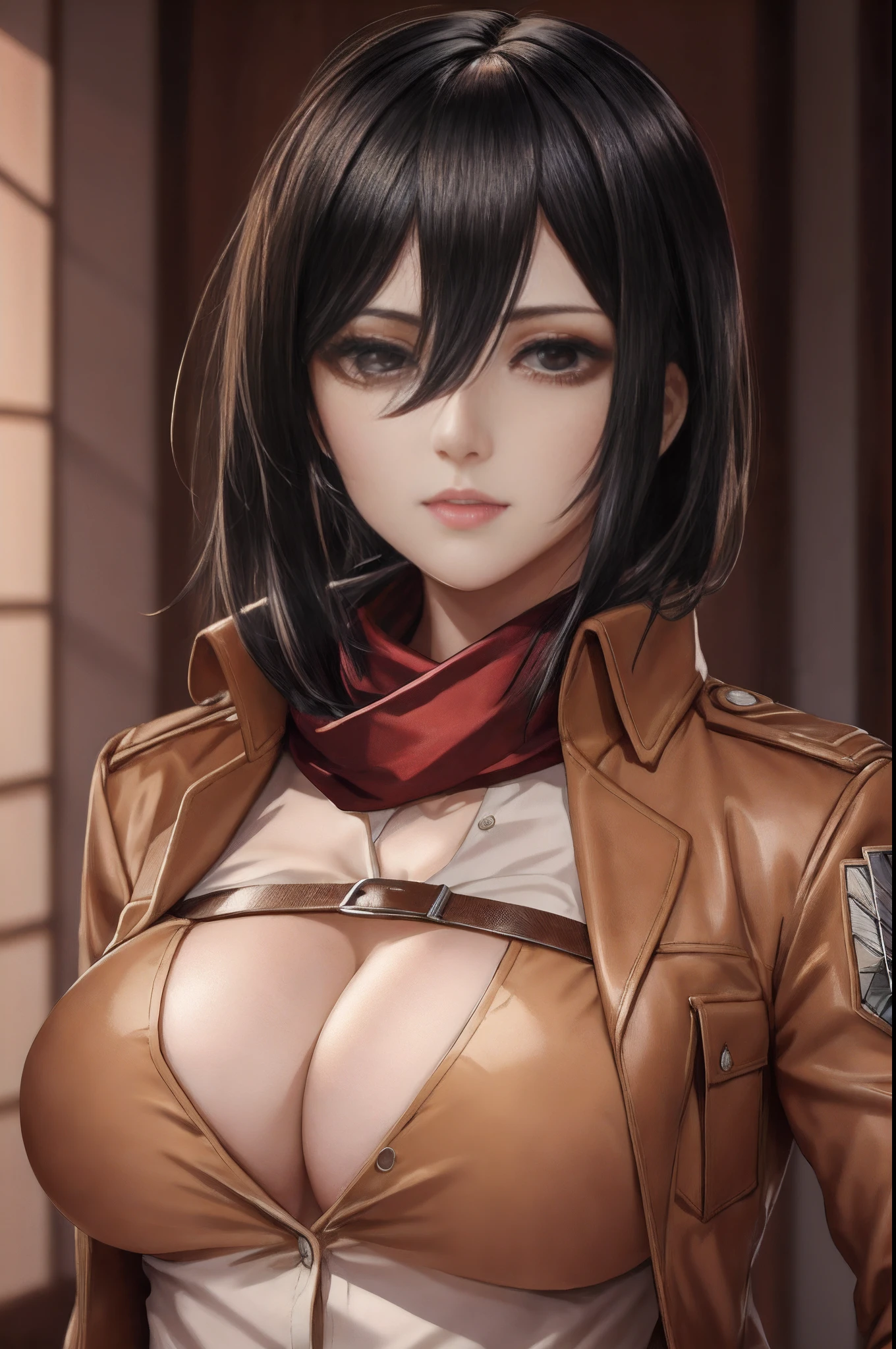 mikasa ackerman, highres, masterpiece, best quality, detailed, perfect lighting, beautiful highly detailed face, masterpiece detailed, cinematic lighting, adult, highly detailed skin, perfect skin, intricate details, female, looking at viewer, shingeki no kyojin, 1girl, bangs, belt, belt buckle, black eyes, black hair, brown belt, brown jacket, buckle, dress shirt, hair between eyes, jacket, long sleeves, medium hair, open clothes, open jacket, paradis military uniform, red scarf, scarf, shirt, cleavage