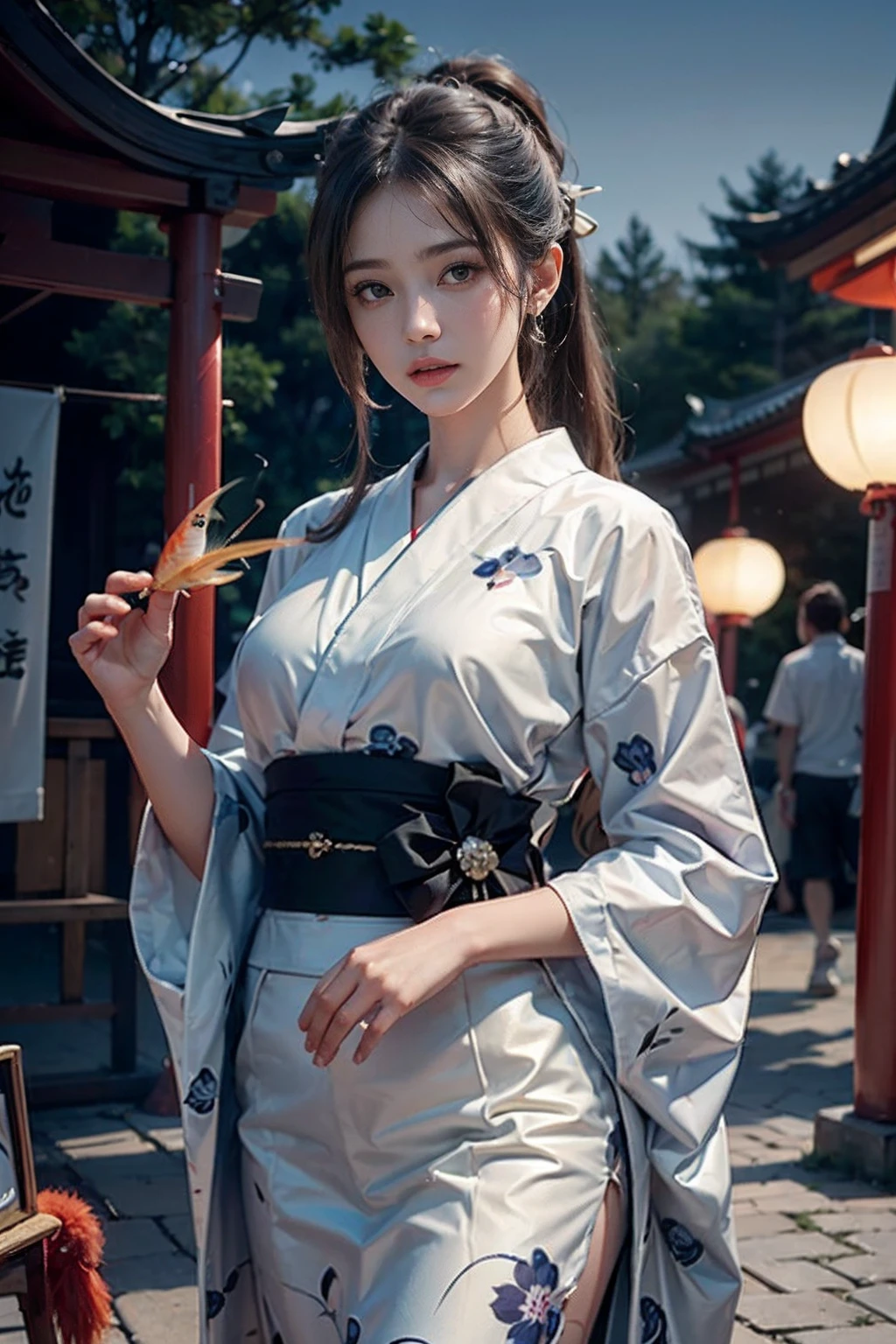 电影灯光,(((tmasterpiece))), ((best qualtiy)), ((intricate and detailed)), ((Ultra-realistic realism)), 4K,1beautiful woman, 25-years old, poneyTail,Ultra-fine yukata,beautiful countenance,Beautiful brown eyes,face perfect,A slender,large full breasts,having a good time, Large fishbowl , Swirling flocks of goldfish, Floating goldfish, Graphic illustration, see fishes swimming,A lot of goldfish, amazing depth, Cutest, Lots of fish balls,Goldfish scooping at a summer festival, (The background is the summer festival of the shrine:1.4), Silver hair, split ponytail, star-shaped pupils, conceptual art, Art Nouveau, Glowing light, nffsw, Textured skin, masutepiece, Anatomically correct, Best Quality, 8K