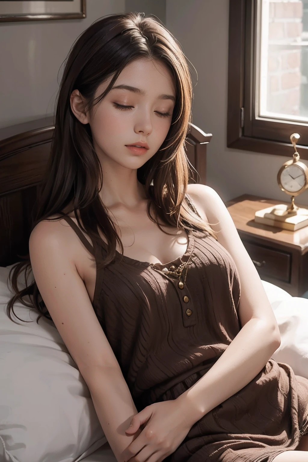 Sleeping Girl, 22 years old, Realistic, she is wearing a.........,Brown hair,In bed in the room