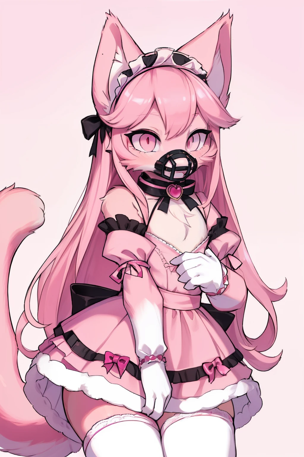 Master piece, perfect, highly detailed, (little hibryd anthro cat femboy), fluffy pink fur, ((pink eyes)), ((1))fluffy cat tail, pink long hair, tiny chest, (pink cat ears), wearing a pink collar, pink maid dress, silk white gloves, silk white thighhigh socks, wearing a pink muzzle, truemuzzle, eyesgod, niji, eyesgod, niji,