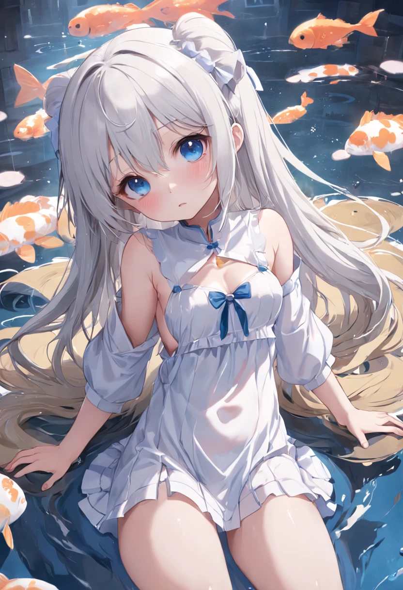 Cute loli,long whitr hair,Leaky shoulders,Barefoot,head looking up,Lie on the ground,Raise your feet,shift dresses,white panties,largeeyes,Anime cute face,Loli,Long white socks,Wet da,huge tit,Tethered,Eyes are confused,The meat sticks in the mouth,Leaky yin