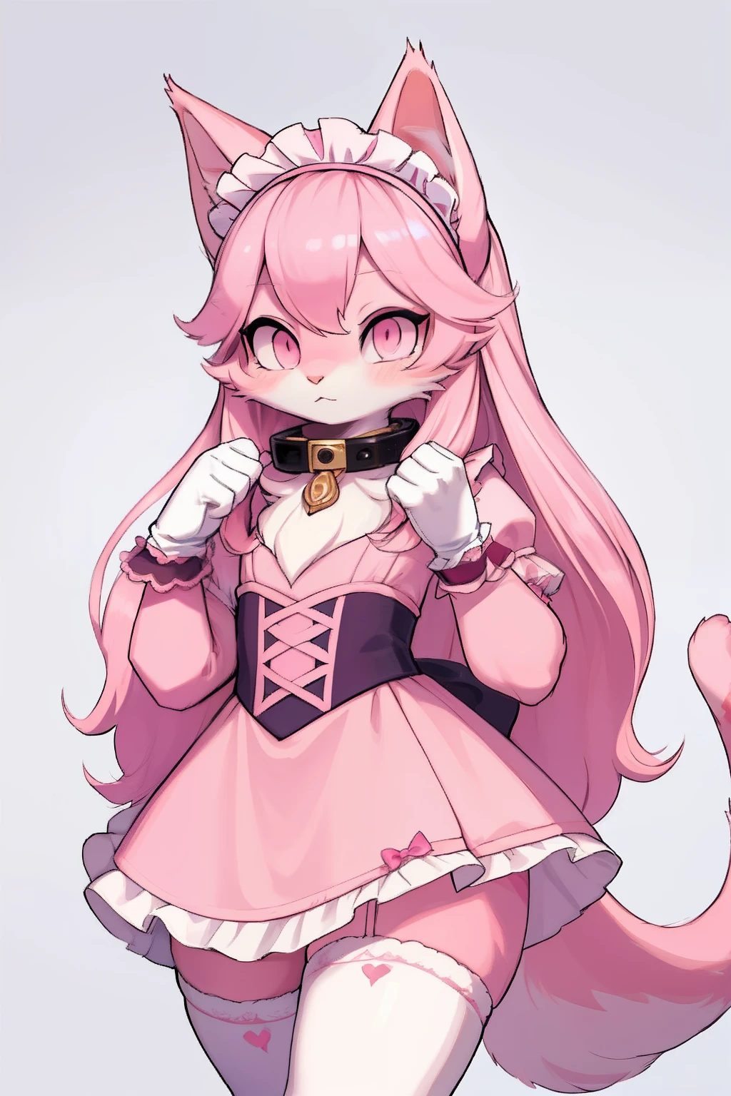 Master piece, perfect, highly detailed, (little hibryd anthro cat femboy), fluffy pink fur, ((pink eyes)), ((1))fluffy cat tail, pink long hair, tiny chest, (pink cat ears), wearing a pink collar, pink maid dress, silk white gloves, silk white thighhigh socks, wearing a pink muzzle, truemuzzle, eyesgod, niji, eyesgod, niji,