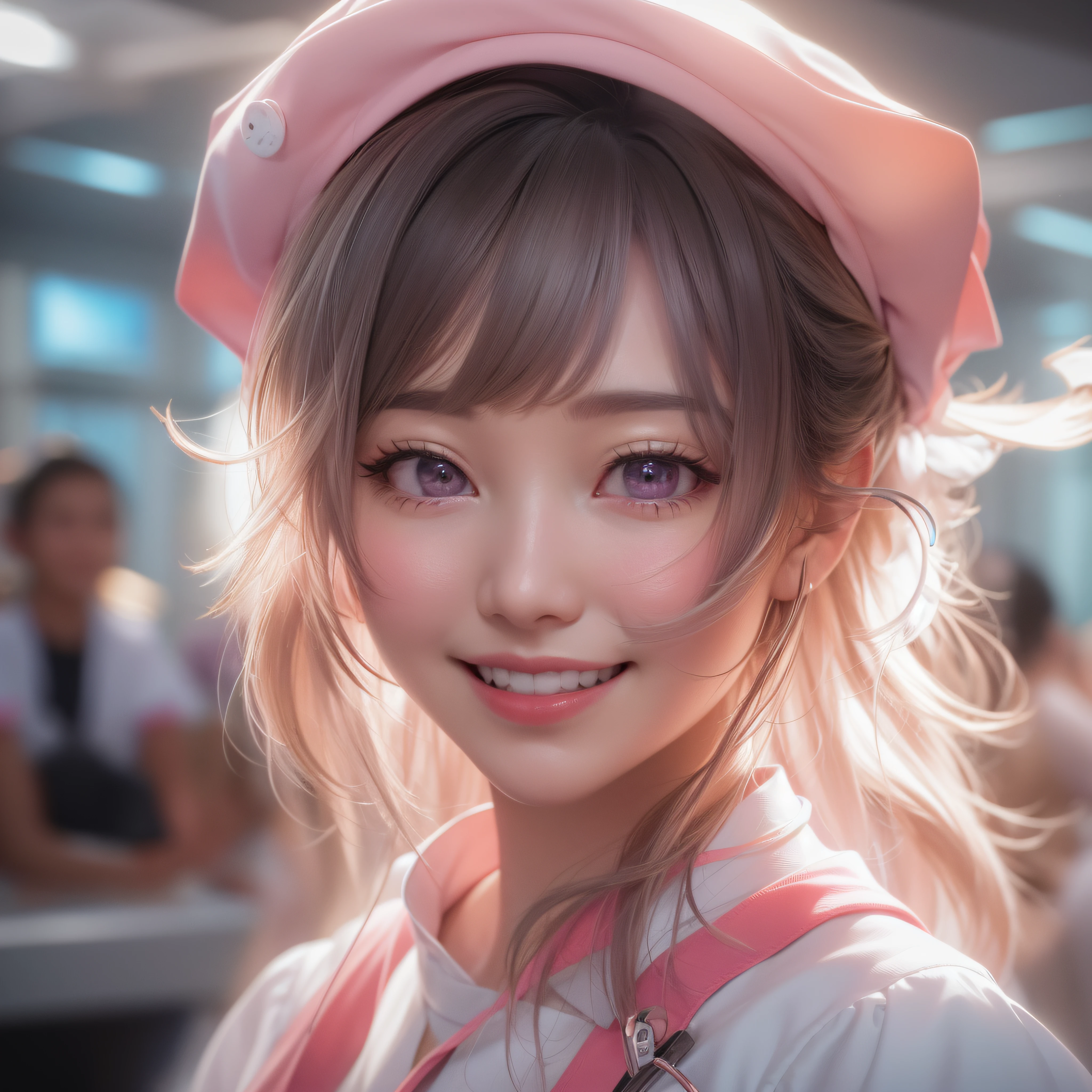 Close up of a smile with the corners of the mouth raised、Nurse、Nurse Costume、Cosplay、(realisitic、hight resolution)、(1 girl in)、Nurse、Do-Up Eye、Korean Girl、(Best Quality), (masutepiece), (1girl in), Solo, a beauty girl, Perfect face, Big Breast,dreamlikeart、Highly detailed airbrush art((Surreal))、Volumetric lighting、(top-quality)、The ultra-detailliert、(The composition of the movement:1.4)、Highly detailed colorful details、(Bright lighting)、dynamic compositions、Ray traching、The mirror reflects light、Shallow depth of field、ultra-detailliert、mixing exposure、nffsw、Her eyes are glowing pink、Staring at the pink sea。Her pink face is full of anticipation and courage for a nurse.、A smile appears on the lips of a nurse。 At the rear、The sun is slowly tilting to the west。Its light brings nurse light to the sea surface、The swaying waves create a beautiful scene。Her eyes are clearly glowing pink。Lots of pink