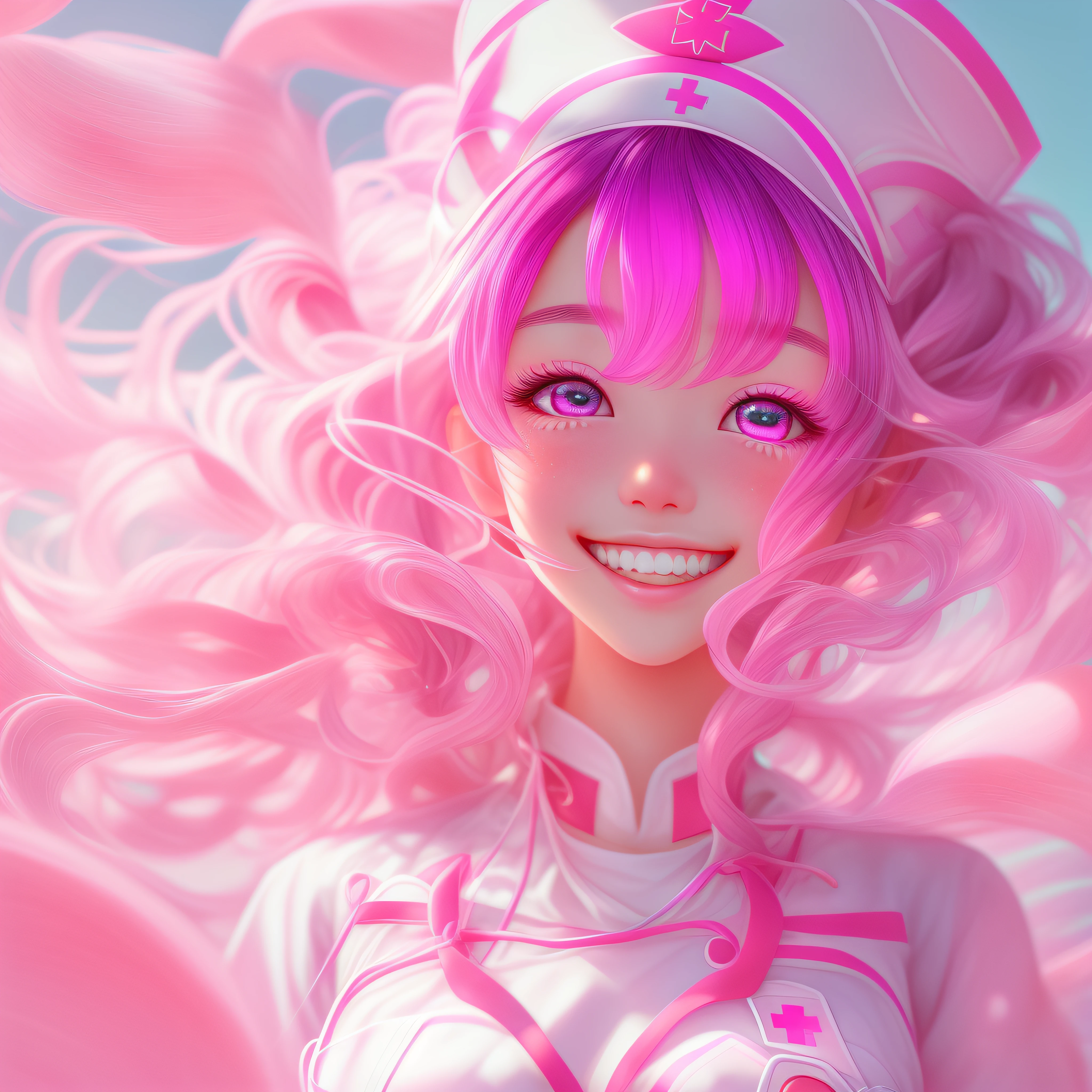 Close up of a smile with the corners of the mouth raised、Nurse、Nurse Costume、Cosplay、(realisitic、hight resolution)、(1 girl in)、Nurse、Do-Up Eye、Korean Girl、(Best Quality), (masutepiece), (1girl in), Solo, a beauty girl, Perfect face, Big Breast,dreamlikeart、Highly detailed airbrush art((Surreal))、Volumetric lighting、(top-quality)、The ultra-detailliert、(The composition of the movement:1.4)、Highly detailed colorful details、(Bright lighting)、dynamic compositions、Ray traching、The mirror reflects light、Shallow depth of field、ultra-detailliert、mixing exposure、nffsw、Her eyes are glowing pink、Staring at the pink sea。Her pink face is full of anticipation and courage for a nurse.、A smile appears on the lips of a nurse。 At the rear、The sun is slowly tilting to the west。Its light brings nurse light to the sea surface、The swaying waves create a beautiful scene。Her eyes are clearly glowing pink。Lots of pink