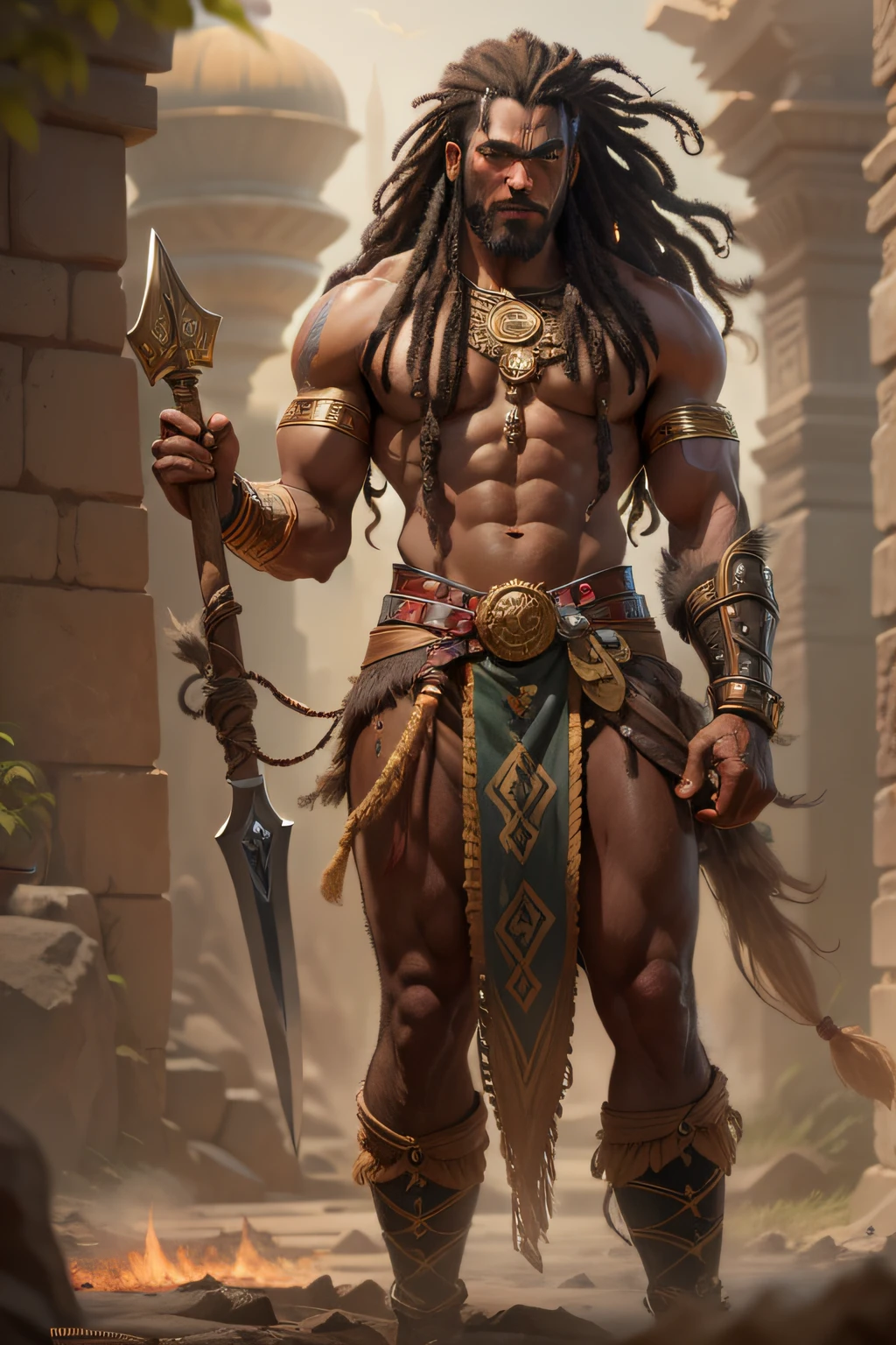 muloto, dark copper skinned, rastafarian man with a long beard, and a long crook blade staff enfluenced by shepherds crook staff in his hand that is longer than his body, dreadlock hair, dravidian rastafarian half breed, azzam t zafir as barbarian, conan, picture of an adult male warrior, male warrior, egyptian samuri warrior, male barbarian, barbarian warrior, barbarian, tarzan, hybrid from dynasty warriror, barbarian class, cloaked upper body, ancient crook staff in hand, "In the annals of time, a muloto dravidian egyptian samuri dreadlocked warrior of immense strength stands out, draped in ornate gold attire that reflects his status as a true champion. Describe his untamed, wet appearance after a fierce clash, his wild long hair, his unmistakably furious expression, and the aura of heroism that surrounds his commanding stance."trend at CGSociety, Intricate, High Detail, Sharp Focus, Dramatic and Photorealistic Painting Art by Midjourney and Greg Rutkowski as he shepherds the lost, legs revealed from thighs to feet, cascading long dreadlocks influenced by Thomas Sackmann of artstation, Ripped hero, intricate muscular details, photorealistic artwork, 4K resolution