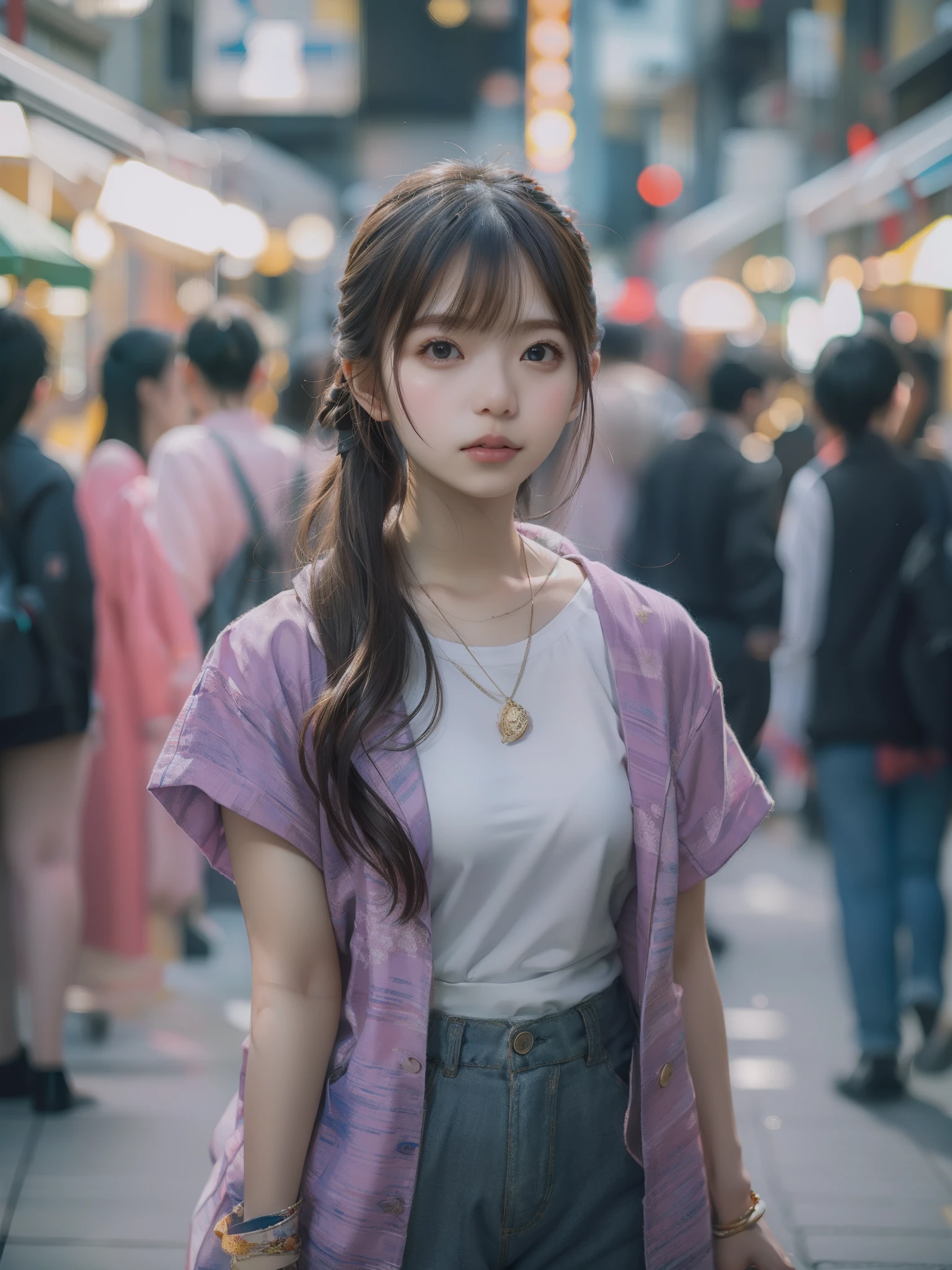 8k, Best Quality, (Beauty), High Definition, Realistic, Real Person, Woman Standing In Front Of Stall On Busy Street, Photo Inspired by Yu Mei, Unsplash Contest Winner, Realism, Korean Girl, Ulzo, Beautiful Korean Woman, Chinese Girl, Popular Korean Makeup, Korean Women's Fashion Model, Popular Korean Makeup, Beautiful Young Korean Women, Japan street fashion, korean women, Japan streetwear