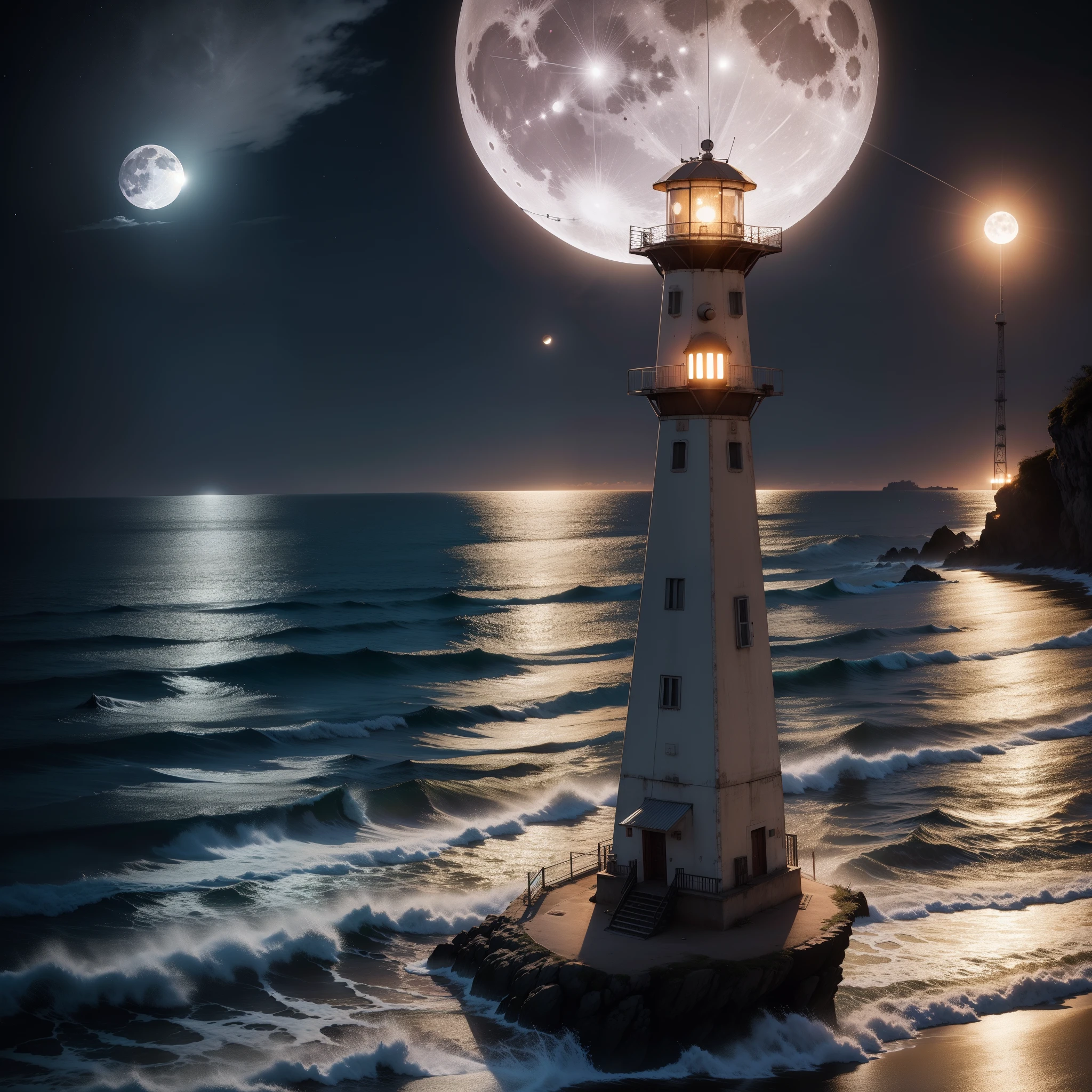 noite, Full moon appearing from behind the signal beacon, praia